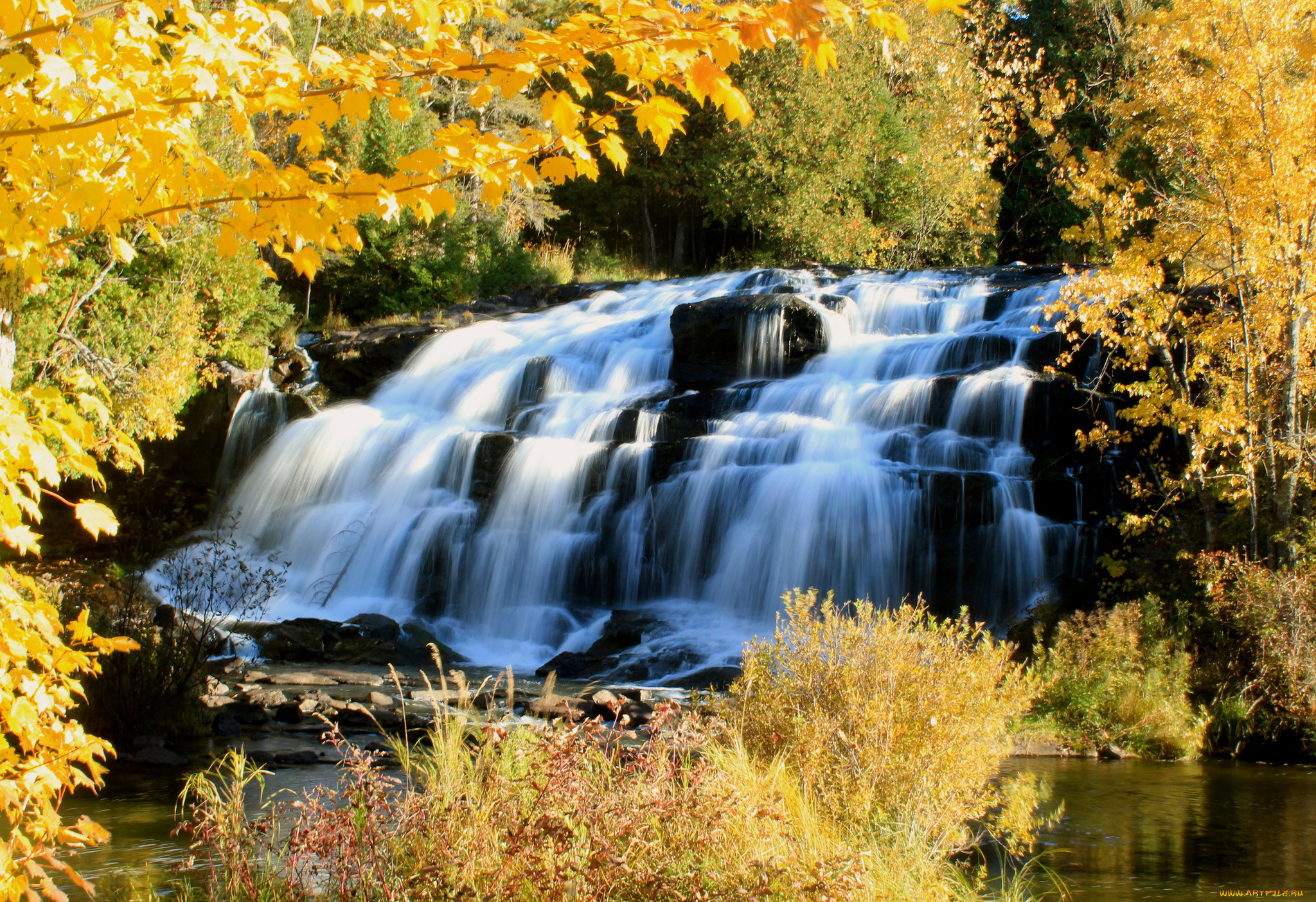 bond, falls, michigan, природа, водопады, осень, каскад, деревья