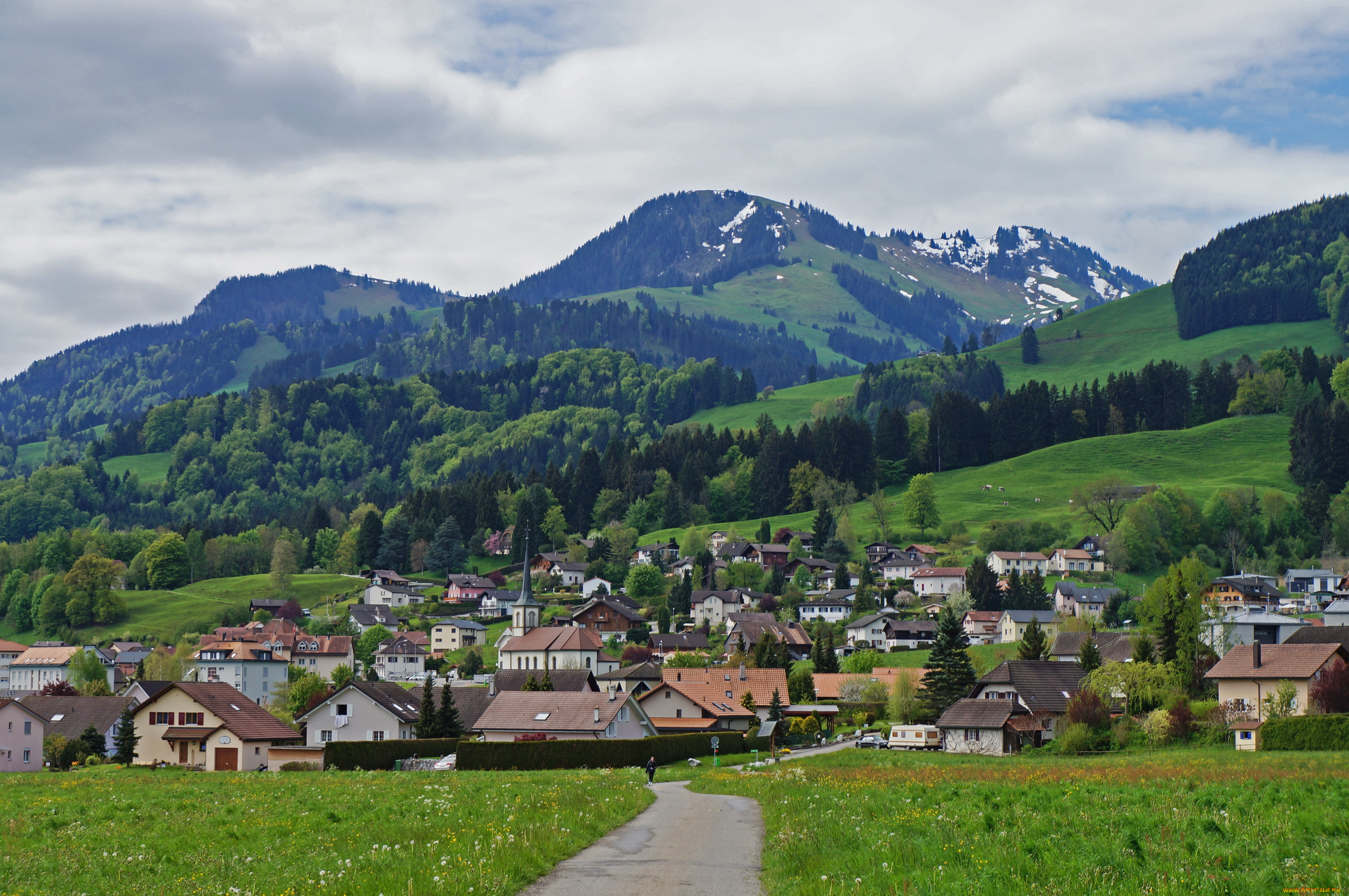 gruyere, switzerland, города, панорамы, дома, горы