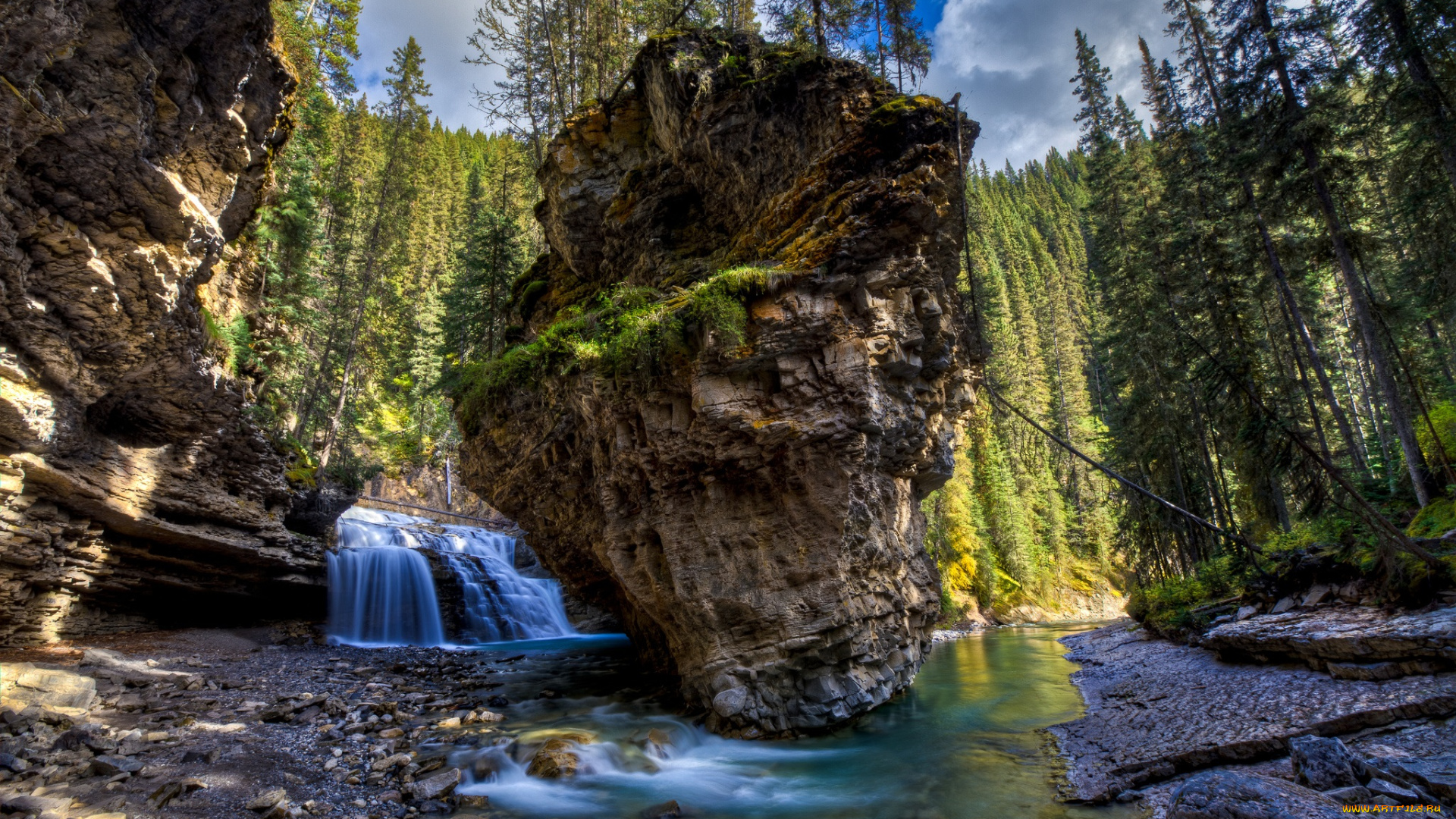 природа, водопады, водопад, река, скалы, лес