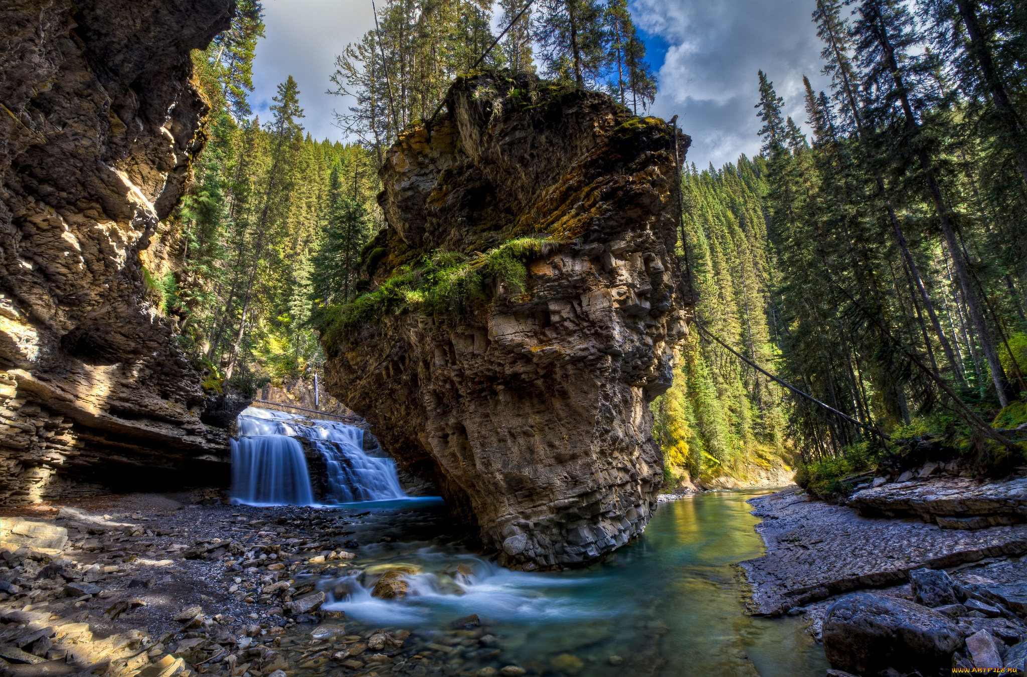 природа, водопады, водопад, река, скалы, лес