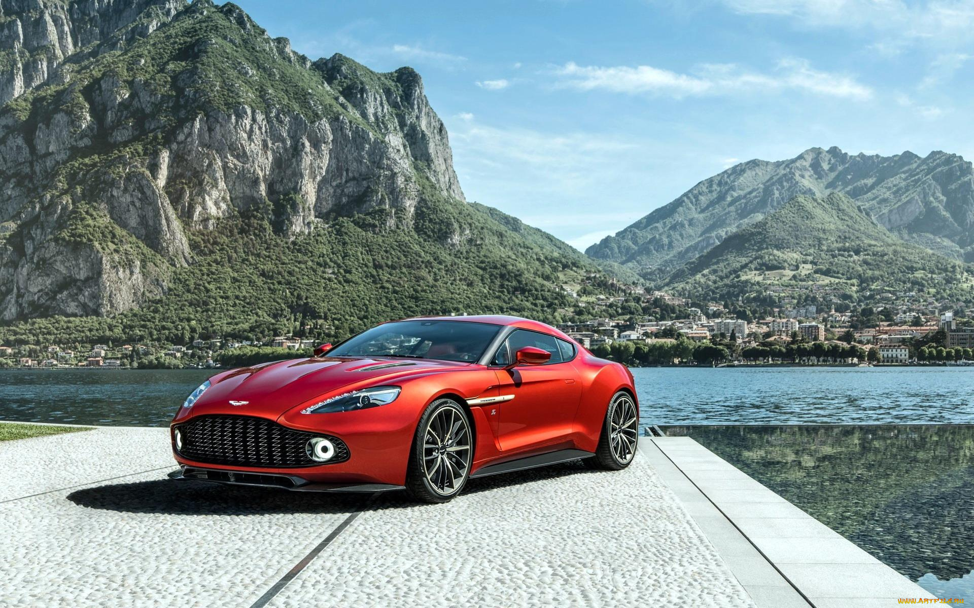 автомобили, aston, martin, астон, мартин, поселок, озеро, красный, zagato, vanquish, горы