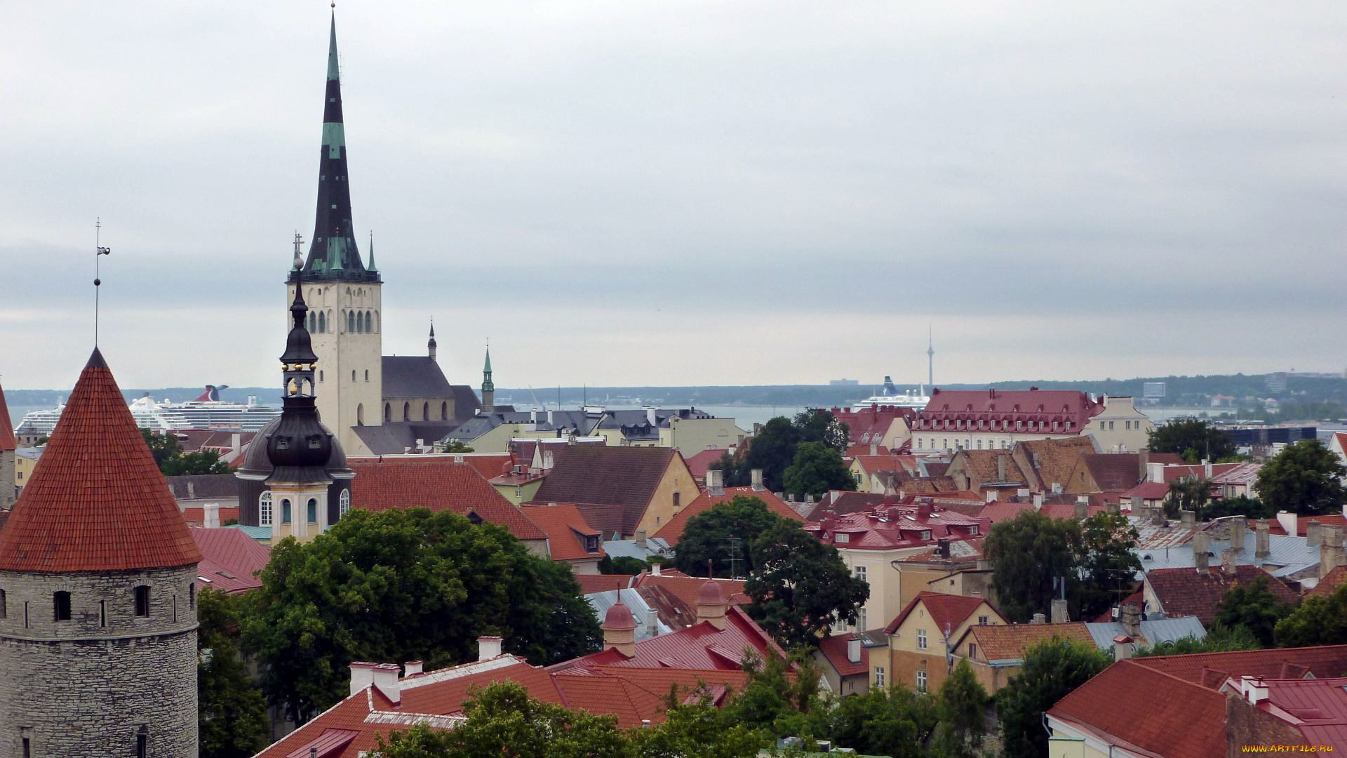 города, таллин, , эстония, панорама, крыши