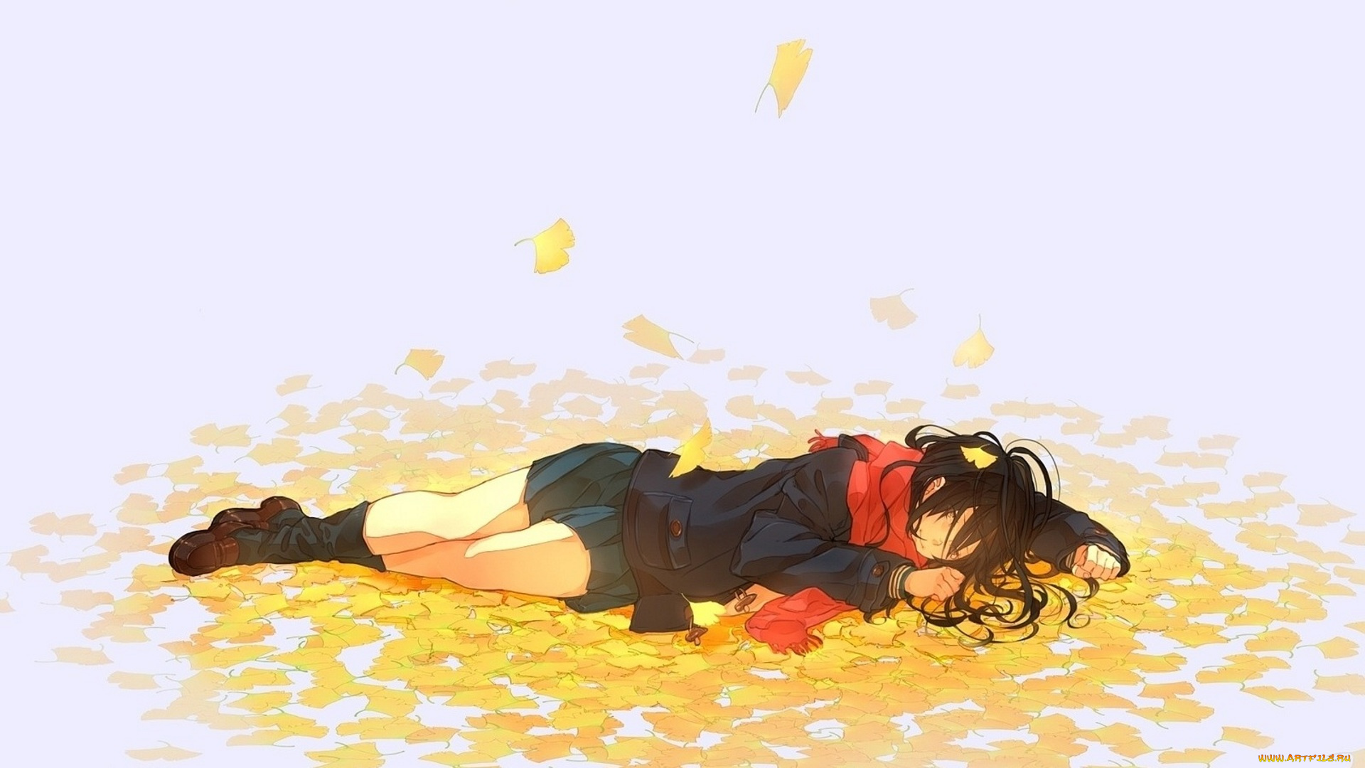 аниме, unknown, , другое, , листья, осень, девочка
