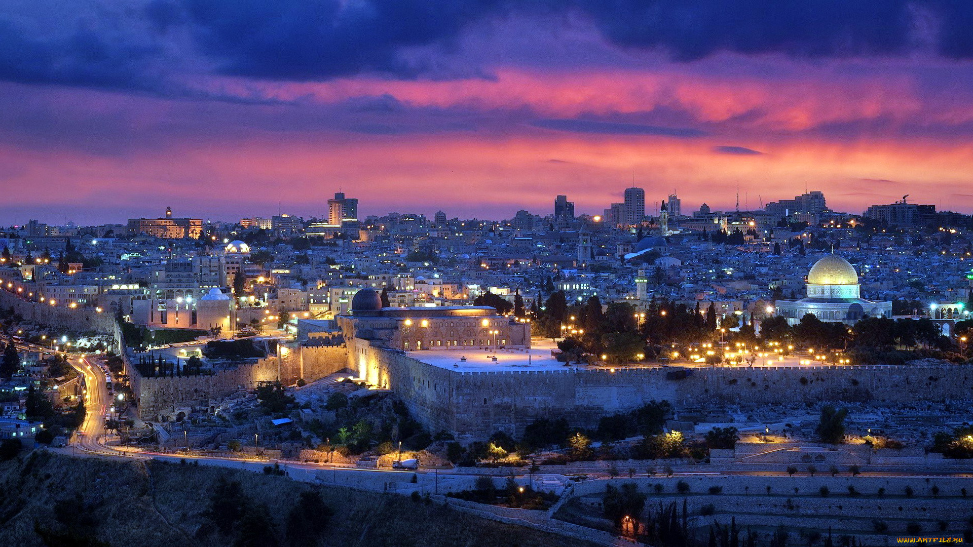 города, иерусалим, , израиль, небо, закат, панорама, огни