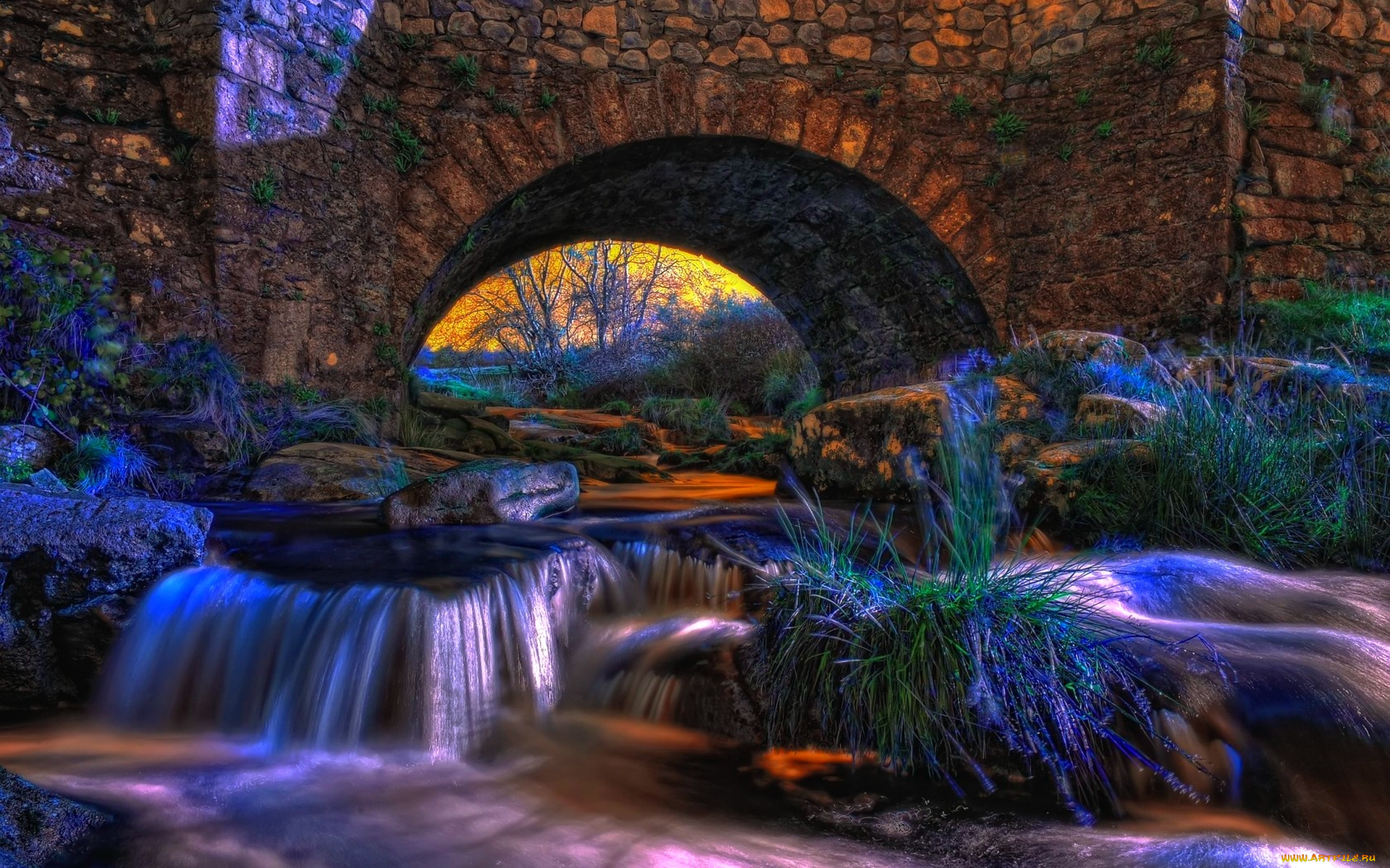 stone, bridge, природа, реки, озера, каменный, мост, река, трава