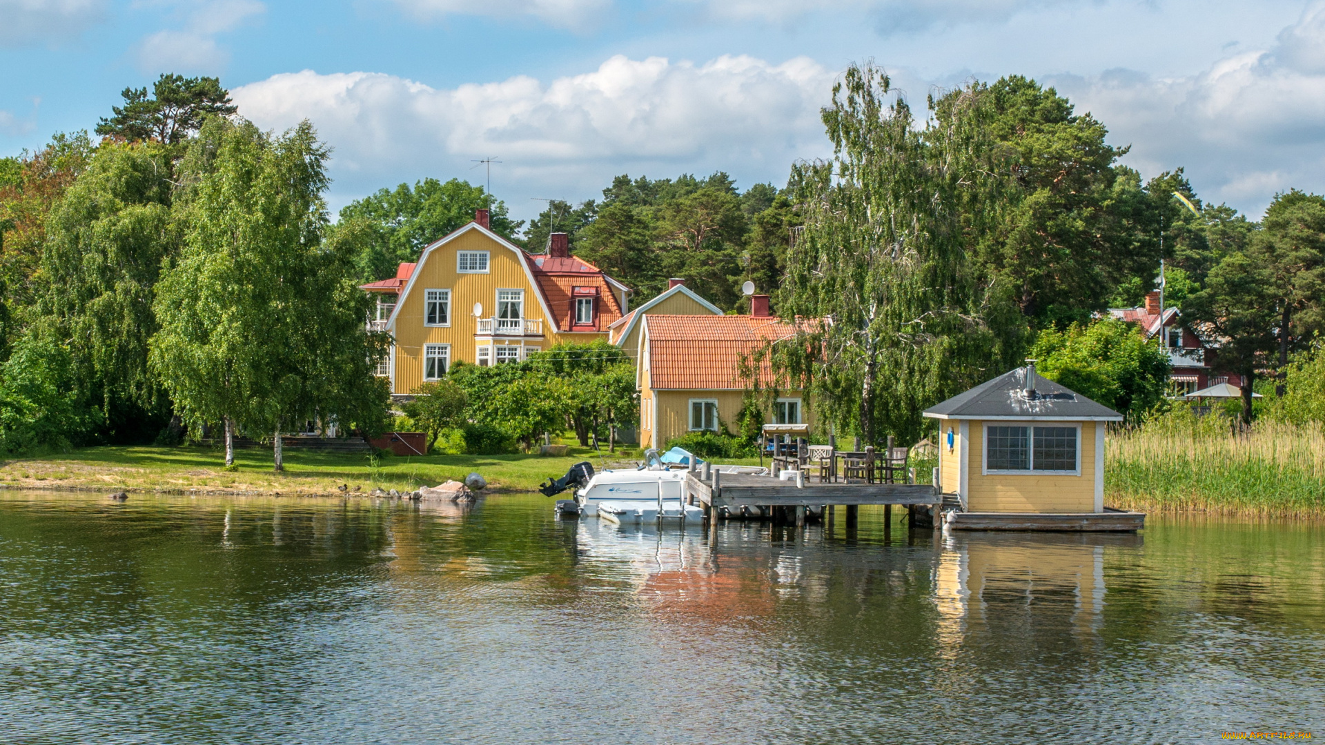 швеция, стокгольм, vaxholm, города, деревья, дома, река