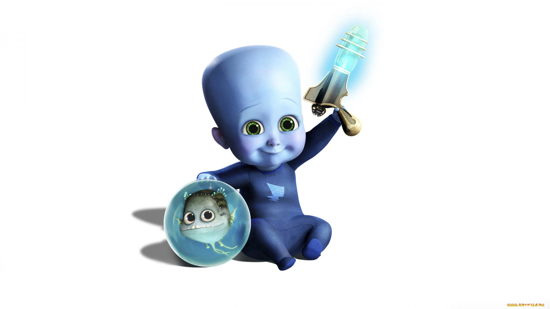 мультфильмы, megamind, мегамозг, малыш, рыба, бластер, синий