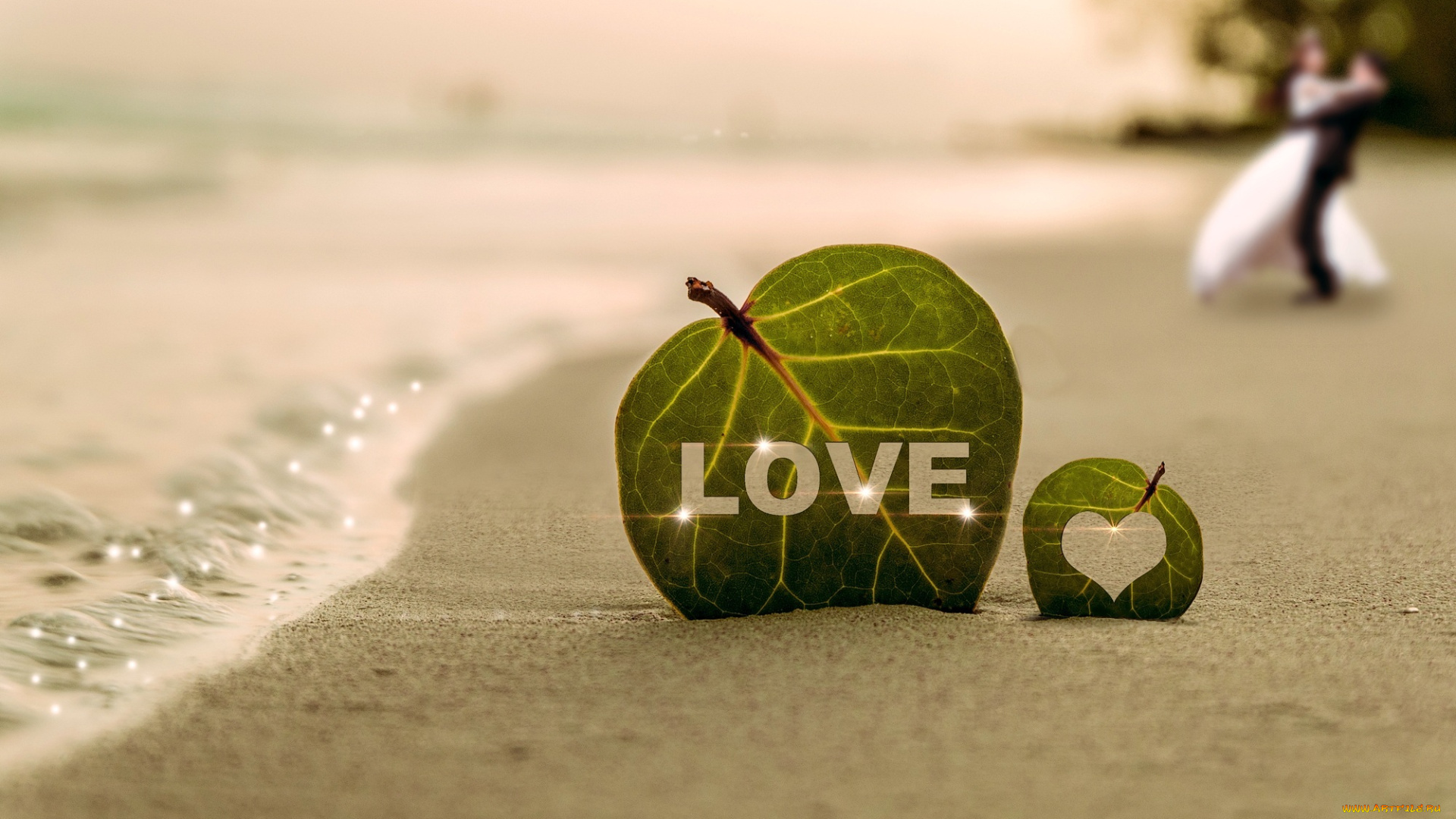 праздничные, день, святого, валентина, , сердечки, , любовь, побережье, берег, песок, волна, листья, сердце, love, пара