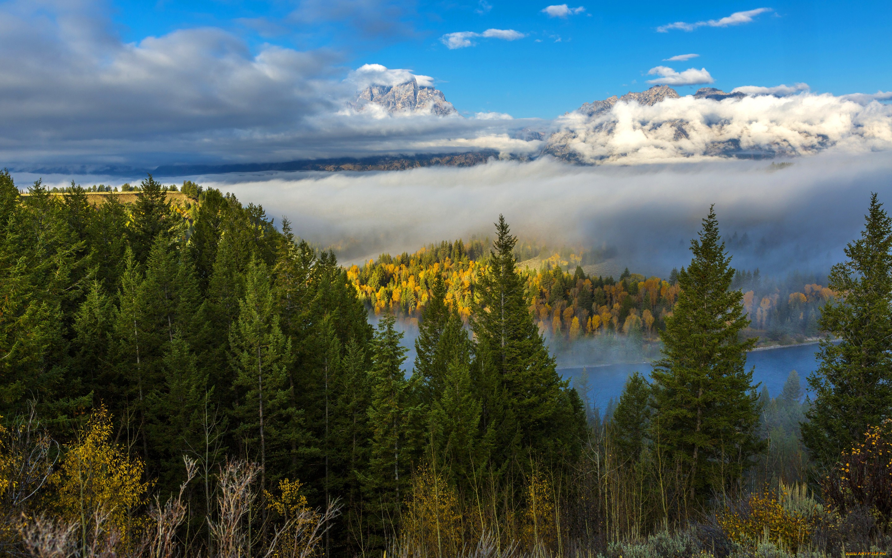 природа, реки, озера, река, деревья, горы, лес, wyoming, grand, teton, сша, туман, осень, облака