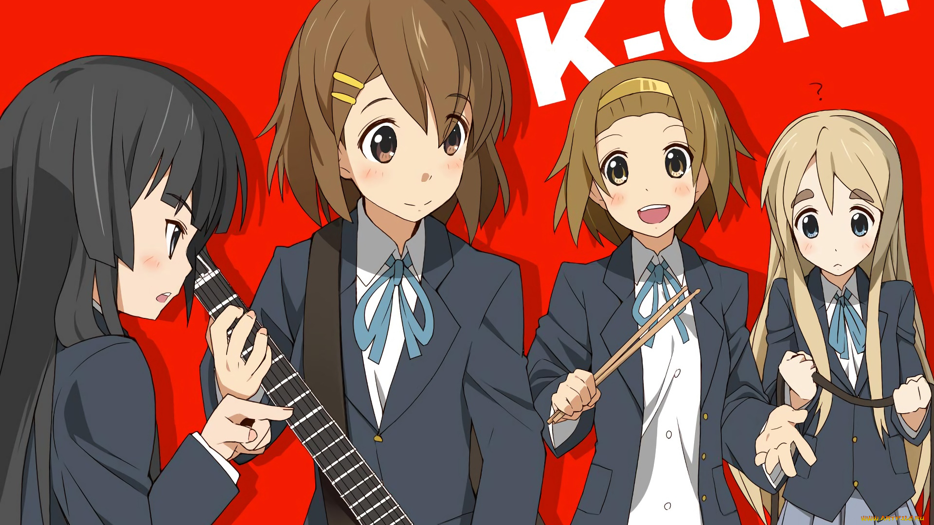 аниме, k-on, девушки, взгляд, фон