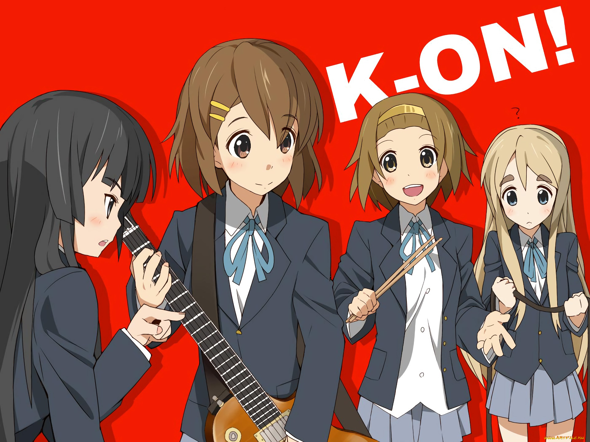 аниме, k-on, девушки, взгляд, фон