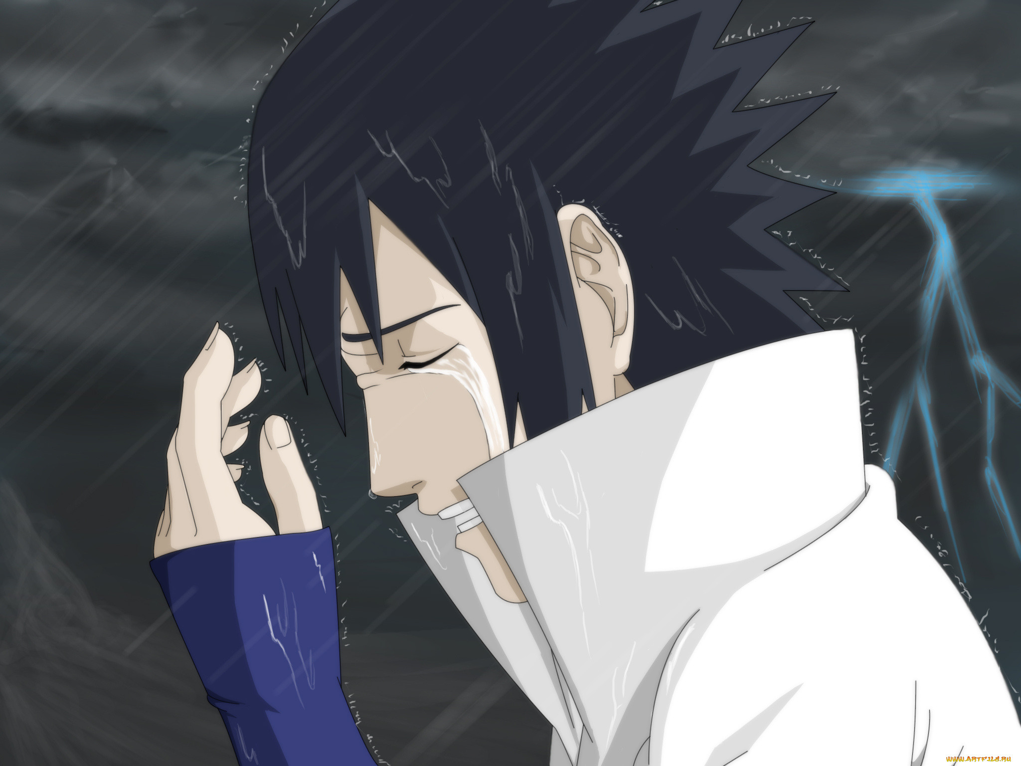 аниме, naruto, uchiha, sasuke, слезы, дождь, art, молния