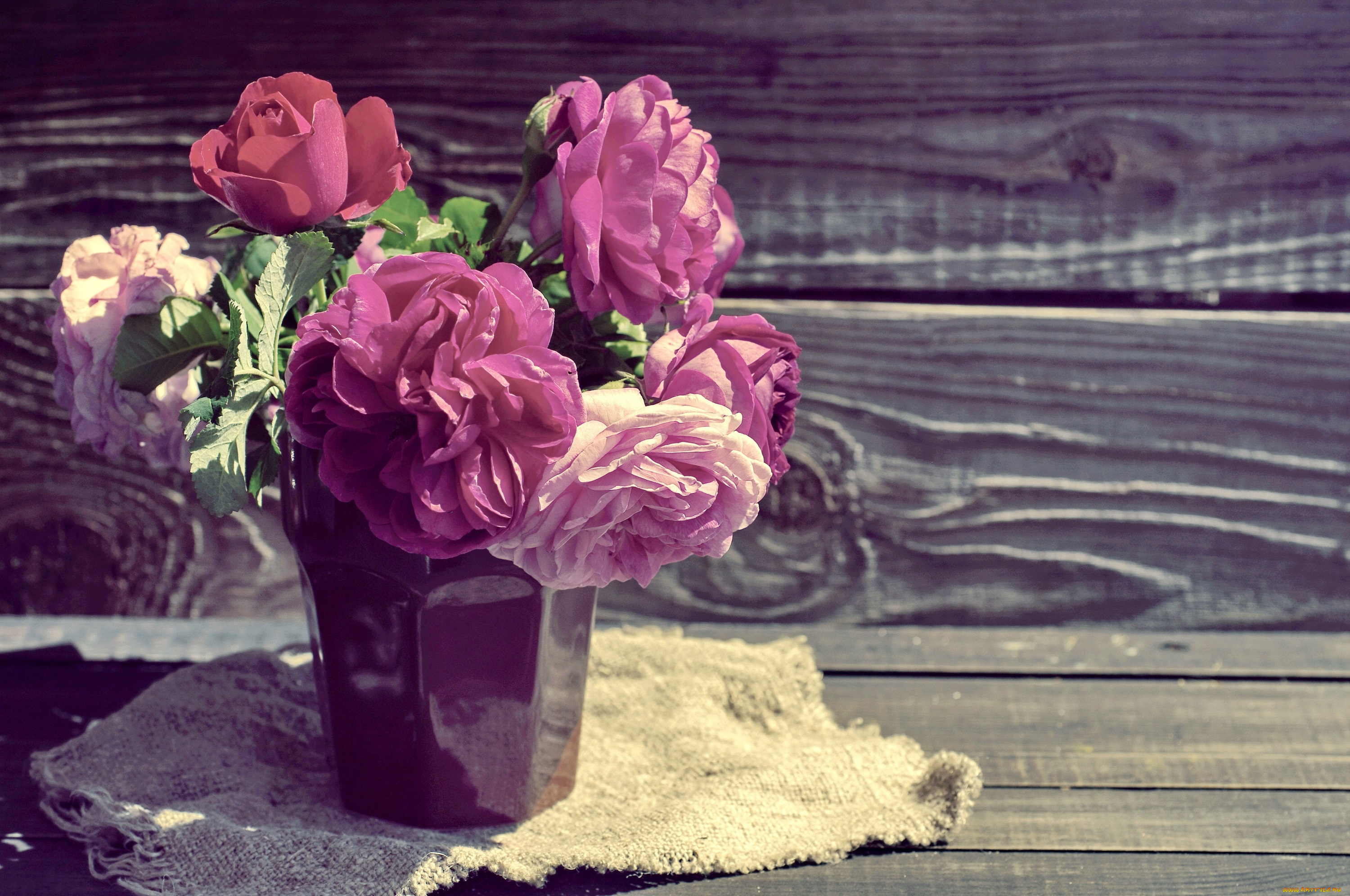 цветы, розы, доски, ткань, букет
