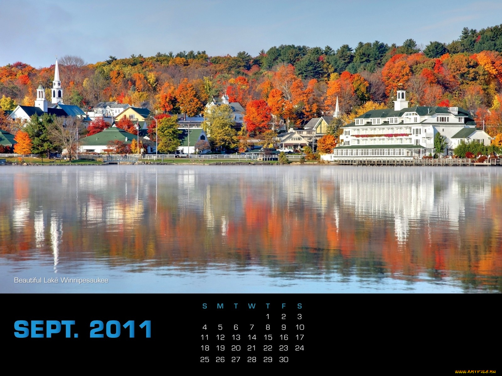 календари, города, осень, озеро, дома