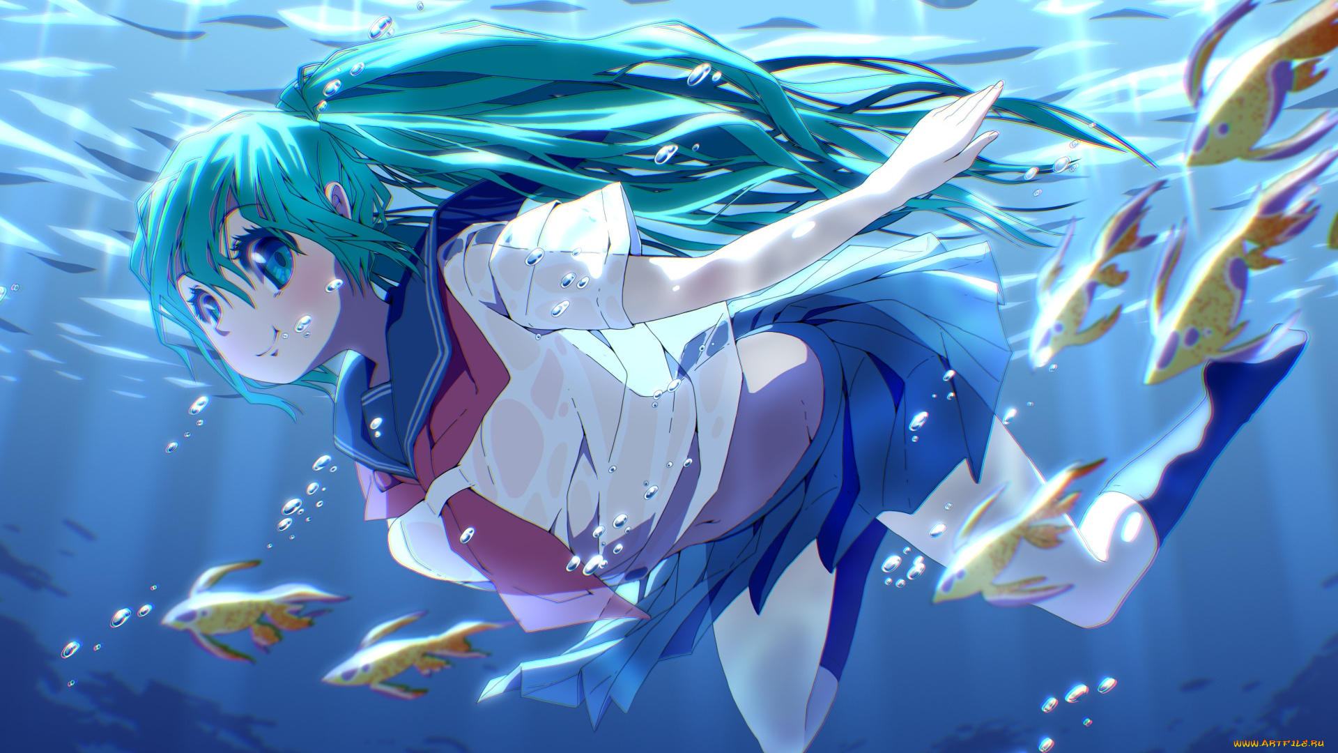 аниме, vocaloid, арт, девочка, hatsune, miku, вода