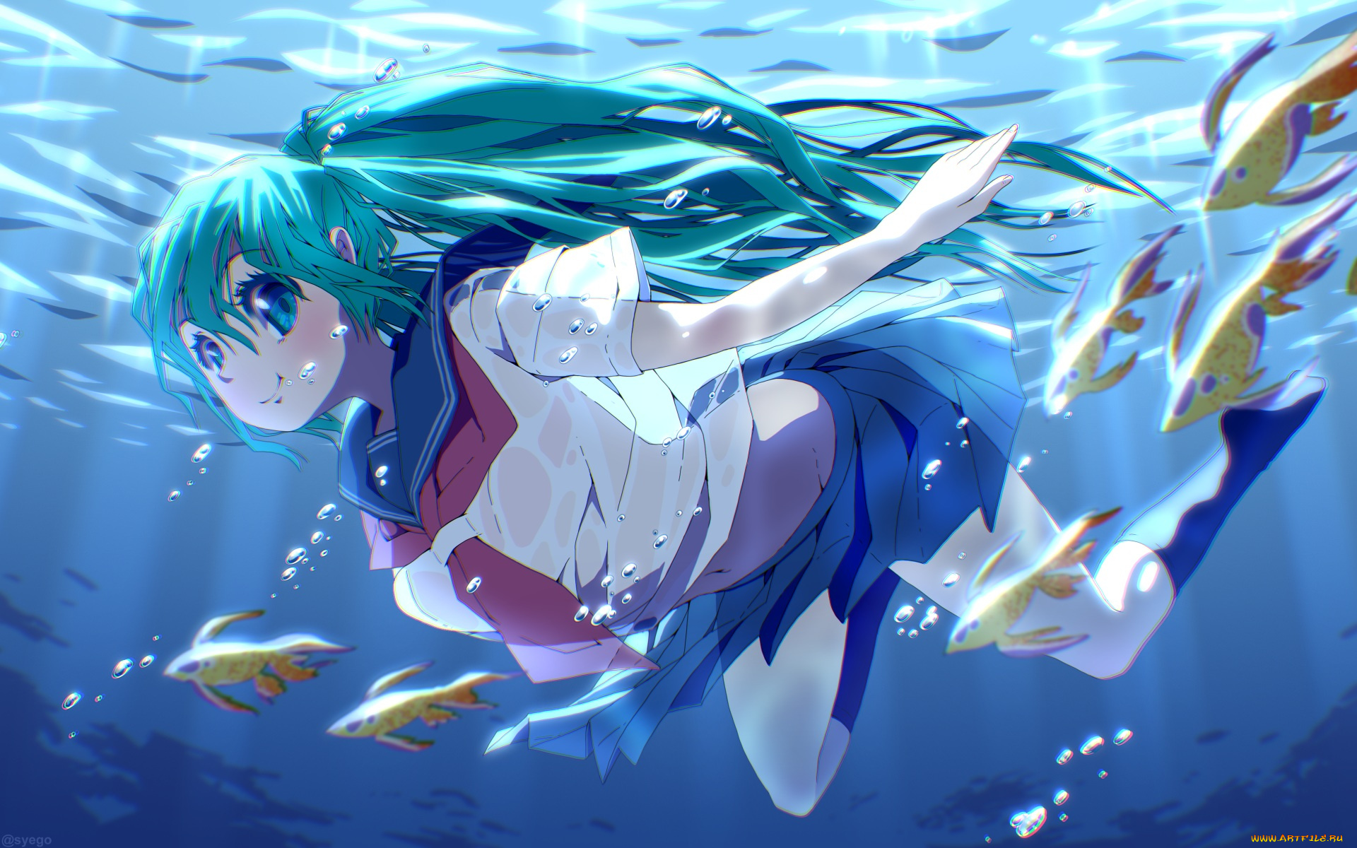 аниме, vocaloid, арт, девочка, hatsune, miku, вода