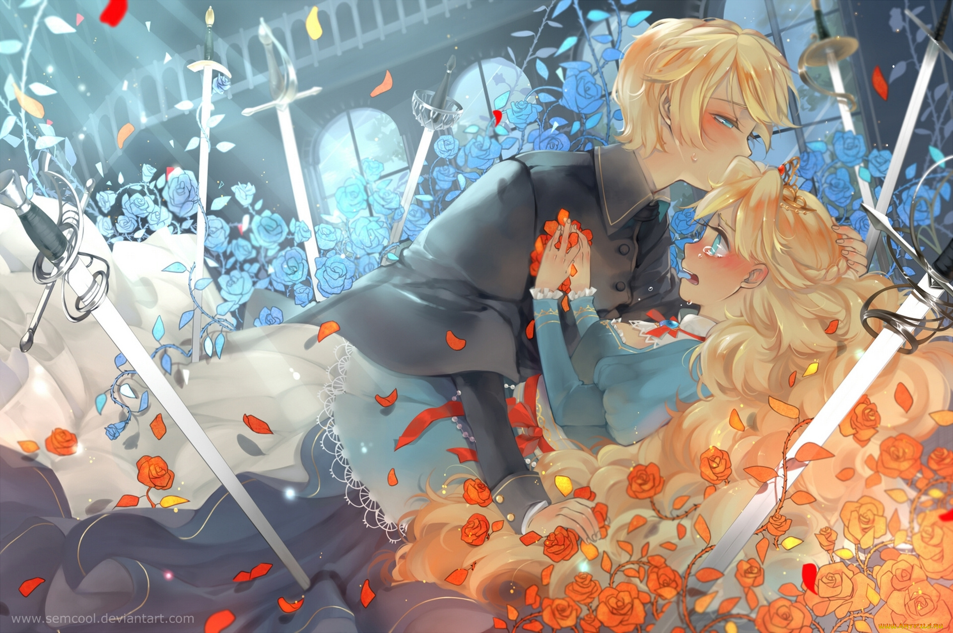 аниме, vocaloid, арт, semcool, kagamine, len, rin, drossel, no, tsurugi, letzel, kishi, девушка, парень, цветы, лепестки, слезы, оружие, меч, розы