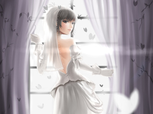 Картинка аниме unknown +другое шторы арт окно белое невеста фата платье девушка red flowers