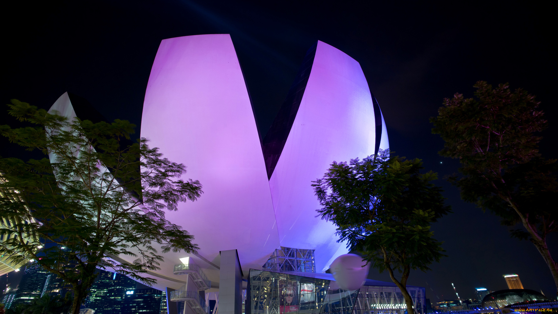 города, -, здания, , дома, сингапур, необычное, фиолетовое, здание, ночью