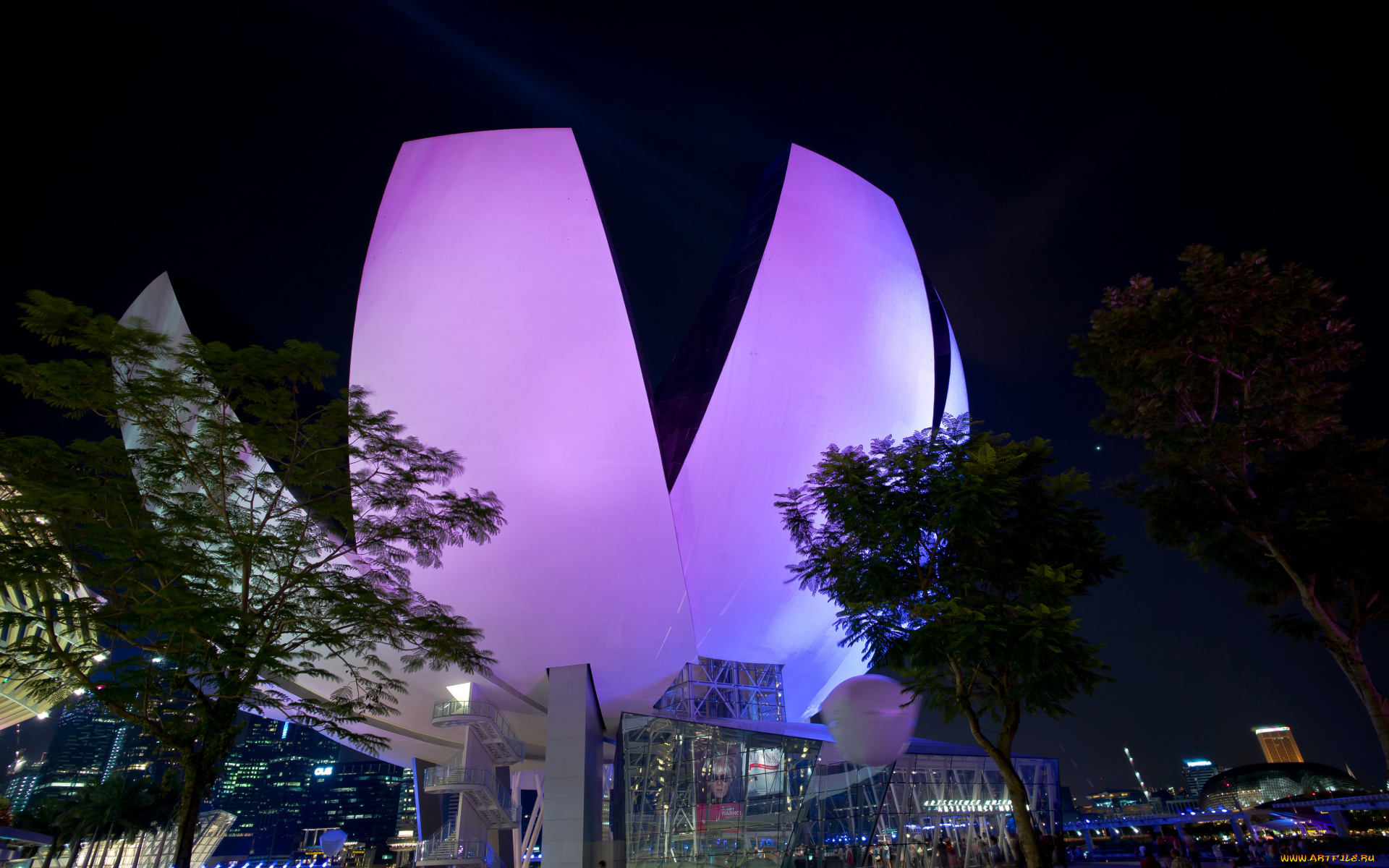 города, -, здания, , дома, сингапур, необычное, фиолетовое, здание, ночью