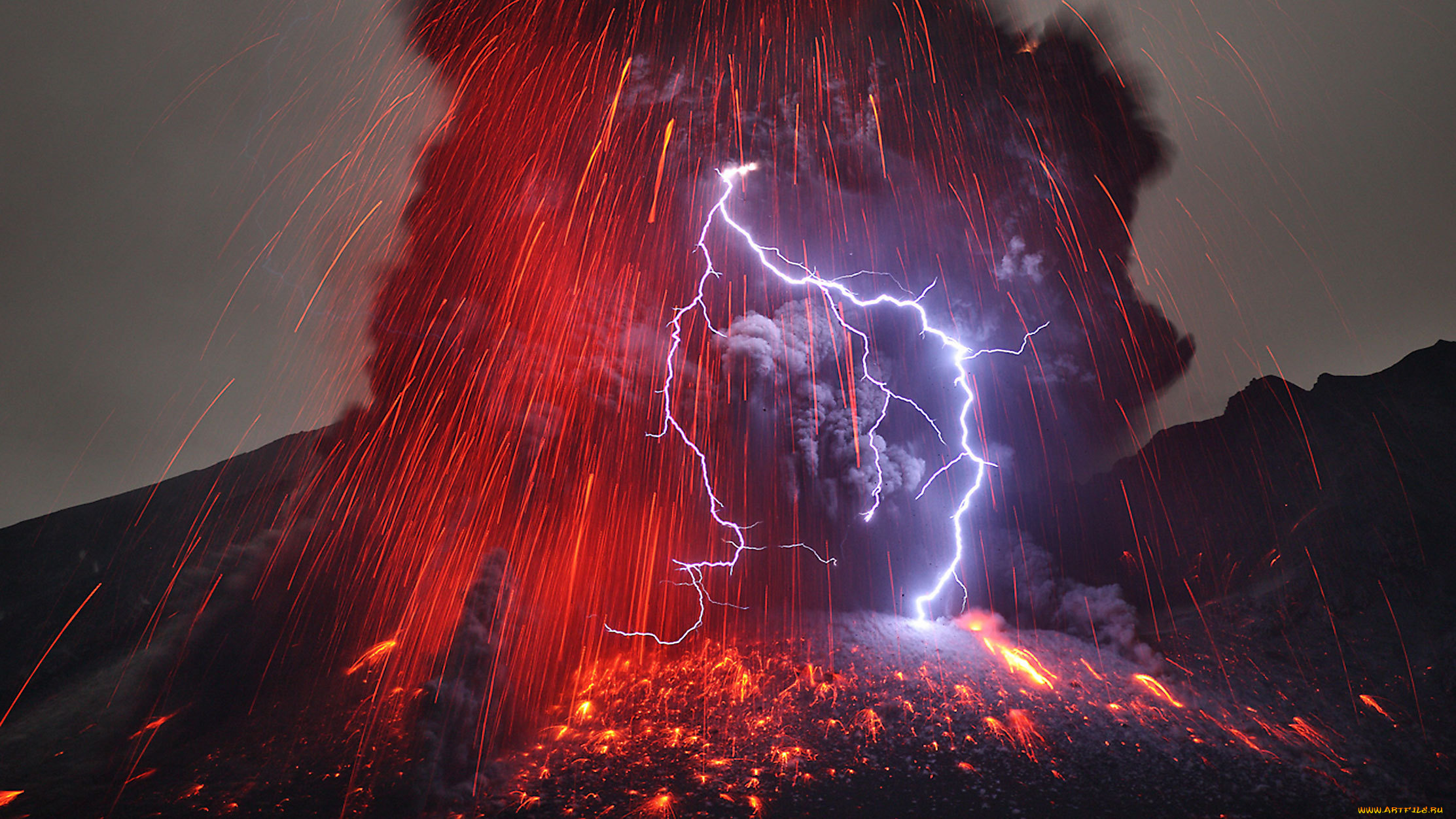 природа, стихия, пепел, молния, вулкан, огонь, лава, гроза, дым
