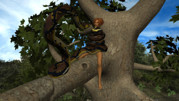 Картинка 3д+графика фантазия+ fantasy девушка змея дерево фон взгляд