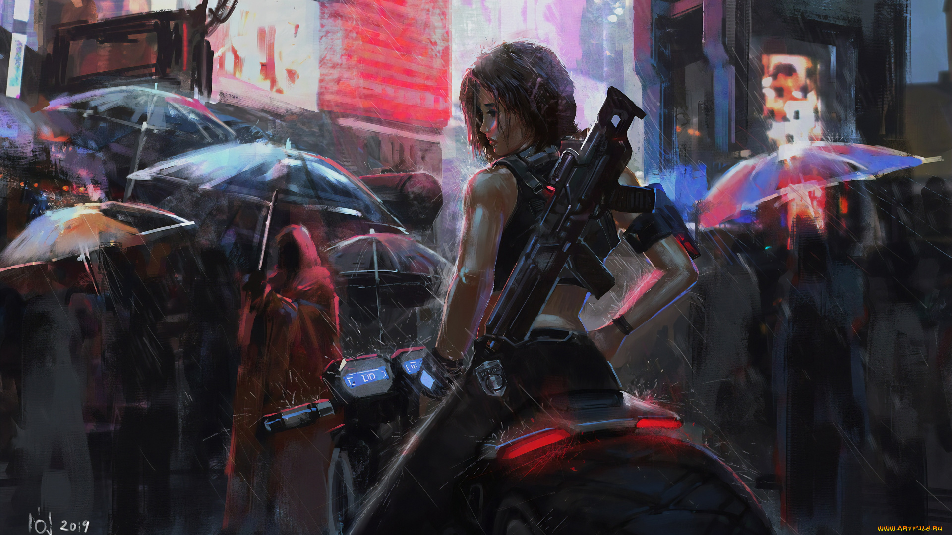 рисованное, комиксы, цифровое, искусство, зонтик, дождь, футуризм, мотоцикл, город, женщины, солдат, азиаты, оружие