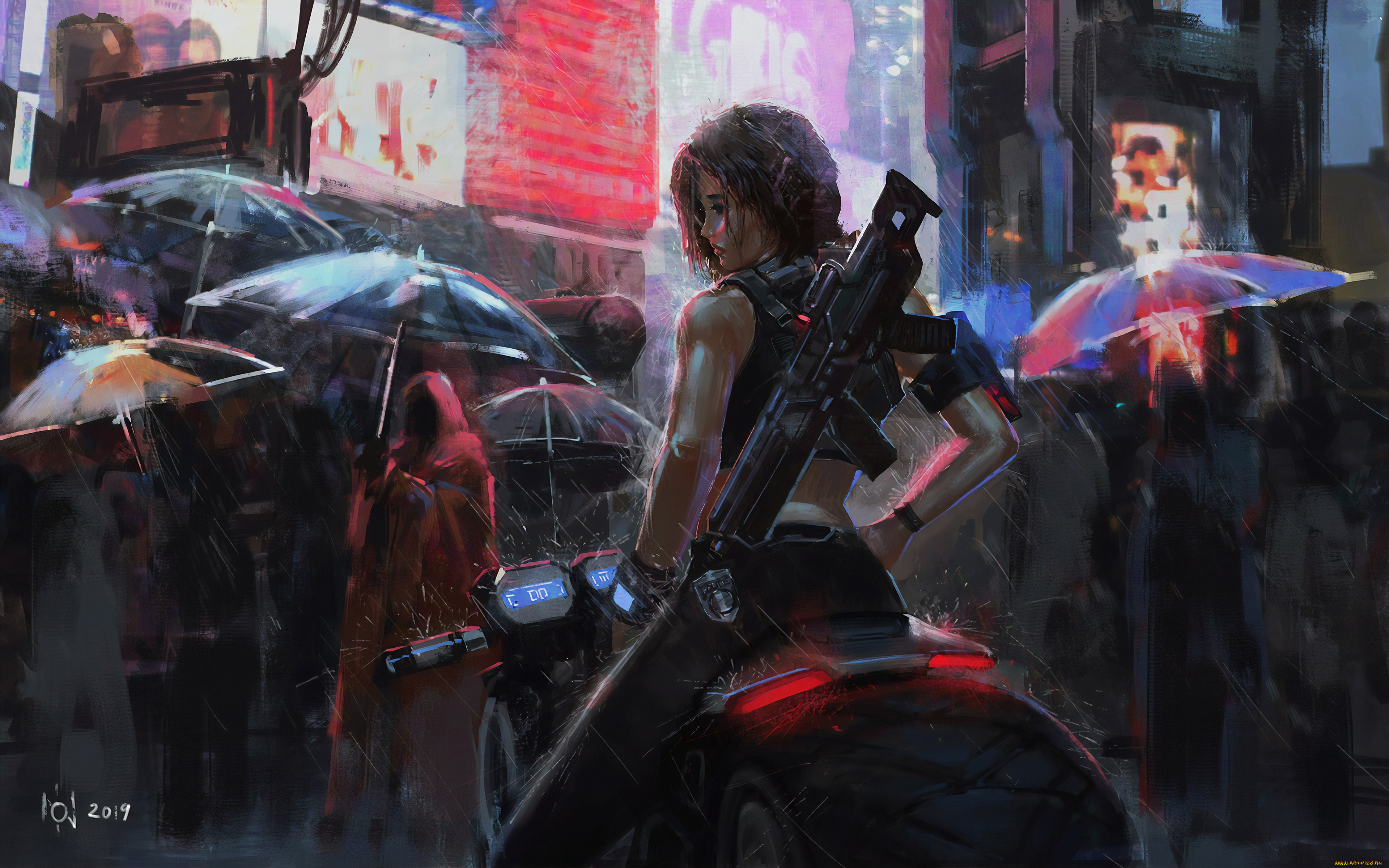рисованное, комиксы, цифровое, искусство, зонтик, дождь, футуризм, мотоцикл, город, женщины, солдат, азиаты, оружие