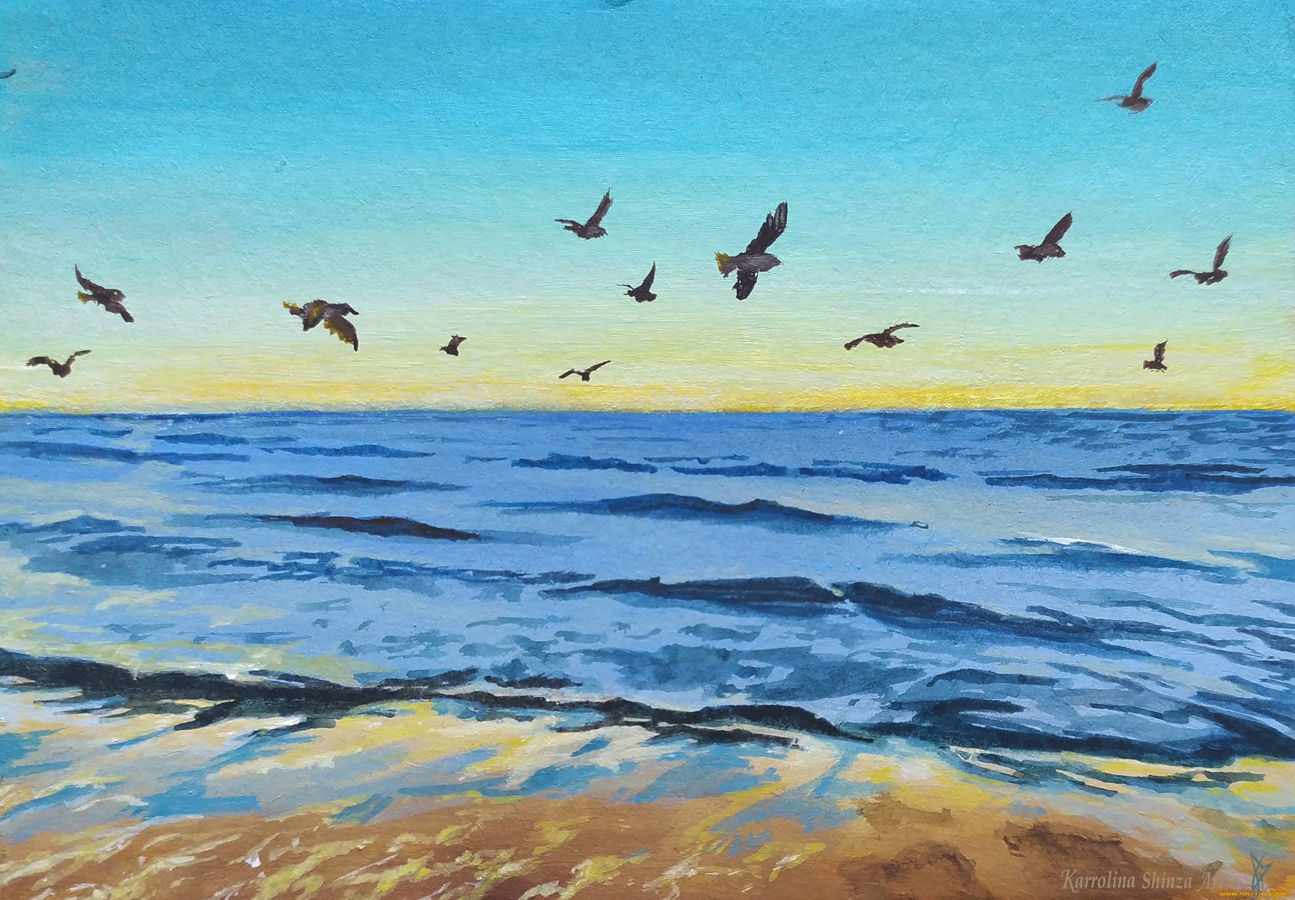 рисованное, живопись, море, птицы