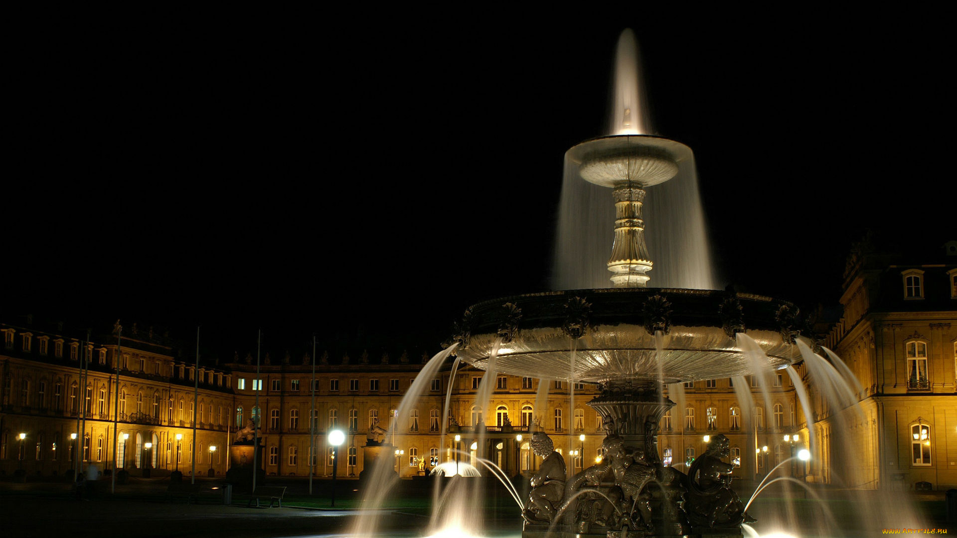 stuttgart, schlossplatz, nacht, города, фонтаны, ночь, фонтан, площадь, германия, штутгагд