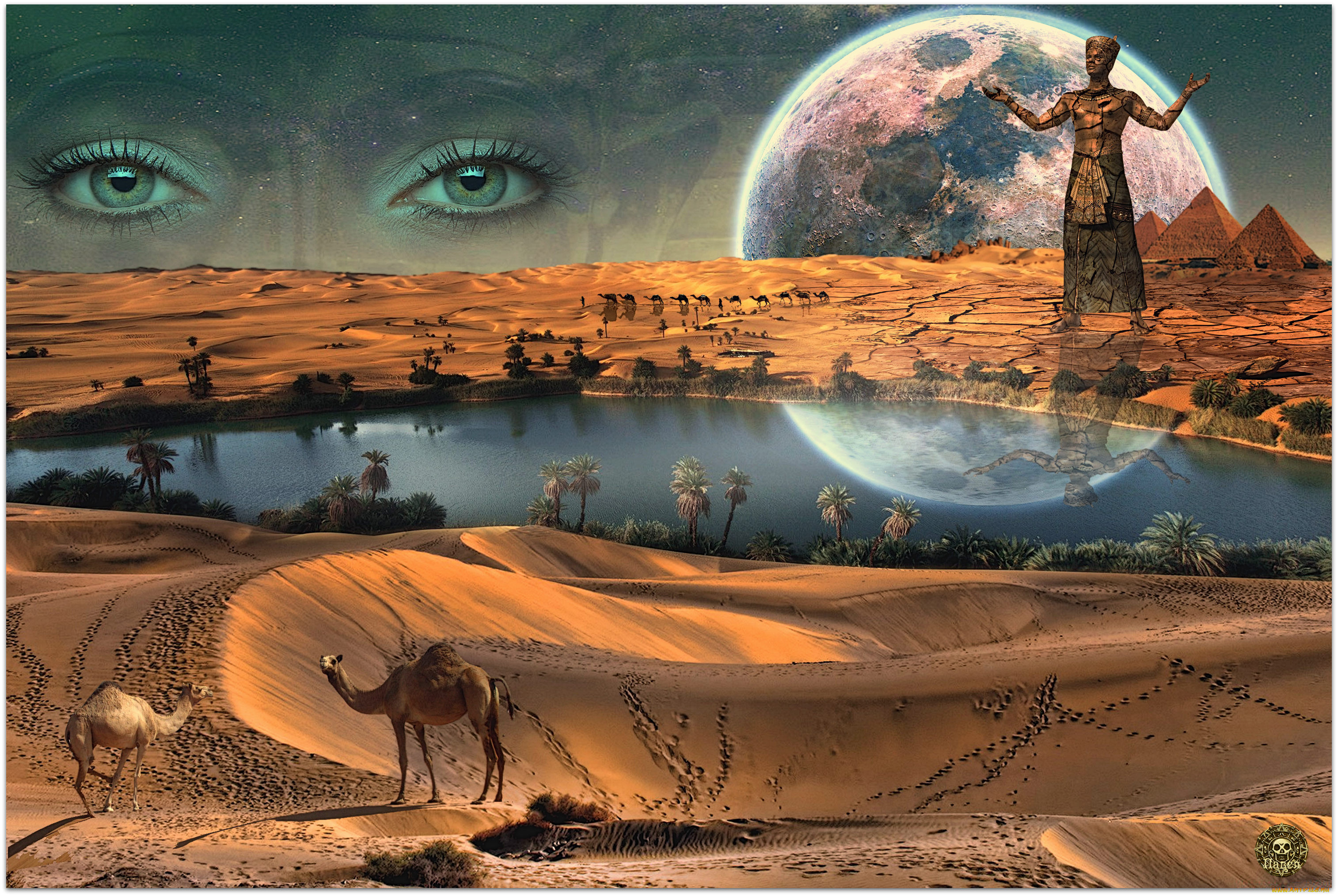 Планета земля пустыня. Пустыня Караван Оазис. Египет Пески пирамиды Оазис. Пустыня фантастика. Сюрреалистические пейзажи.