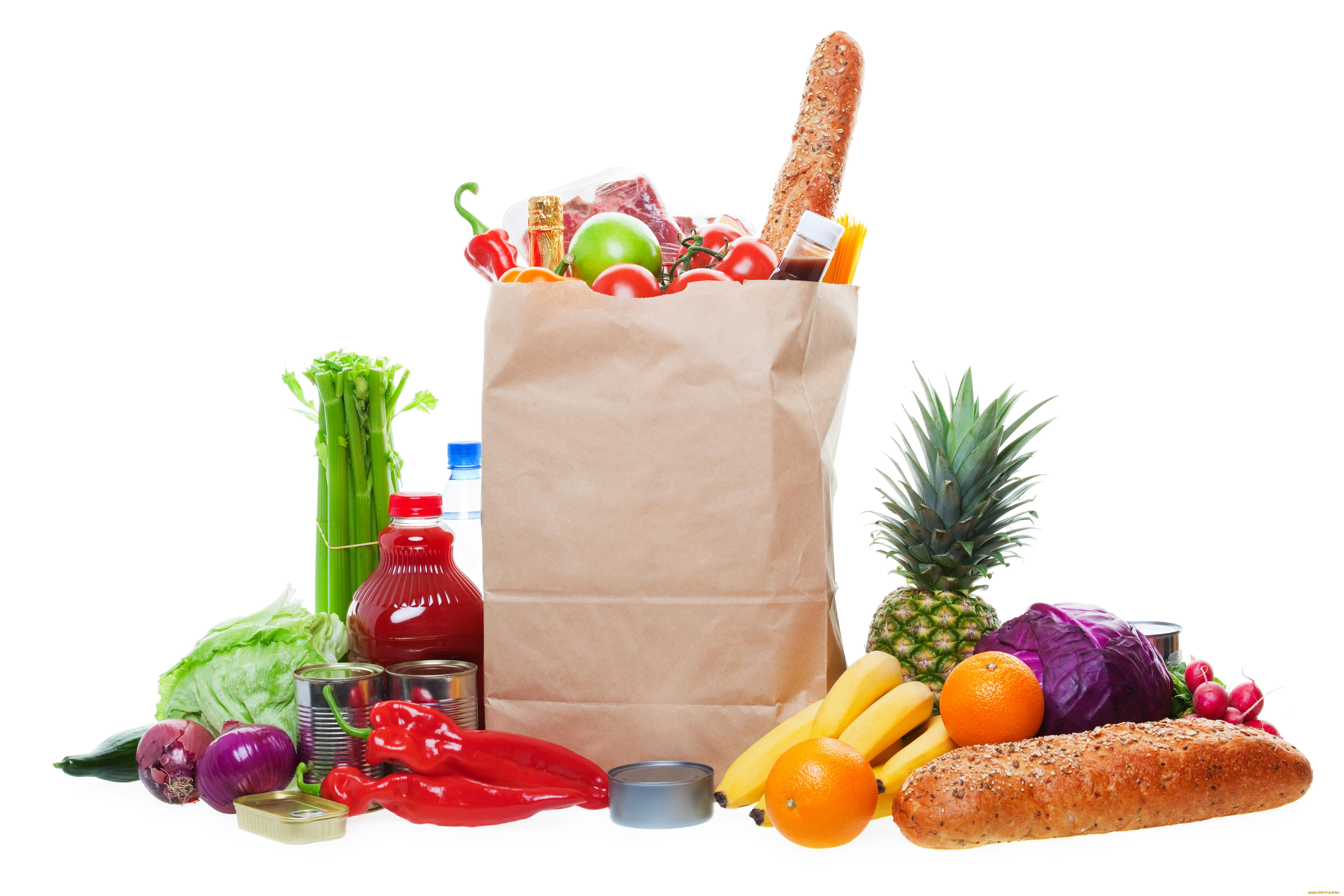 еда, разное, фрукты, ананас, капуста, спаржа, бутылки, покупки, овощи, хлеб, пакет