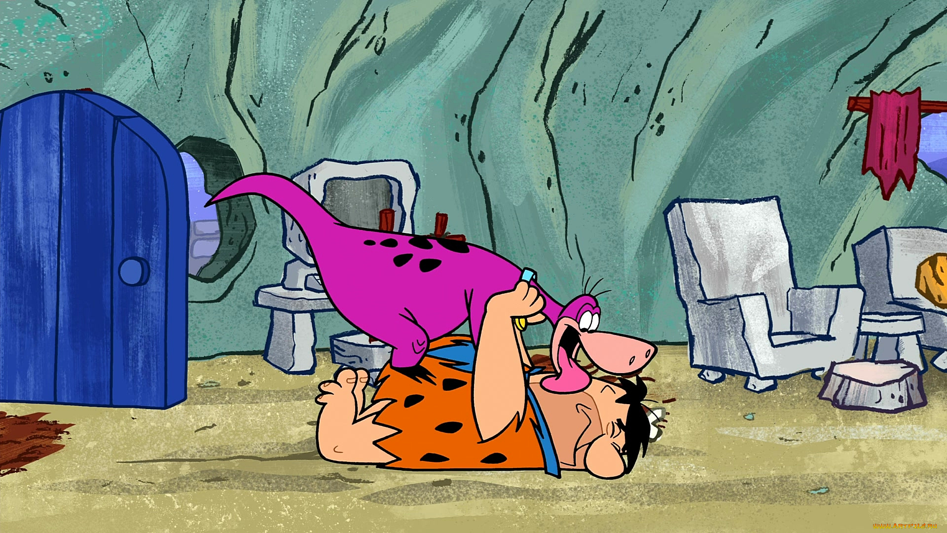 мультфильмы, the, flintstones, мужчина, динозавр, комната, радость, кресло