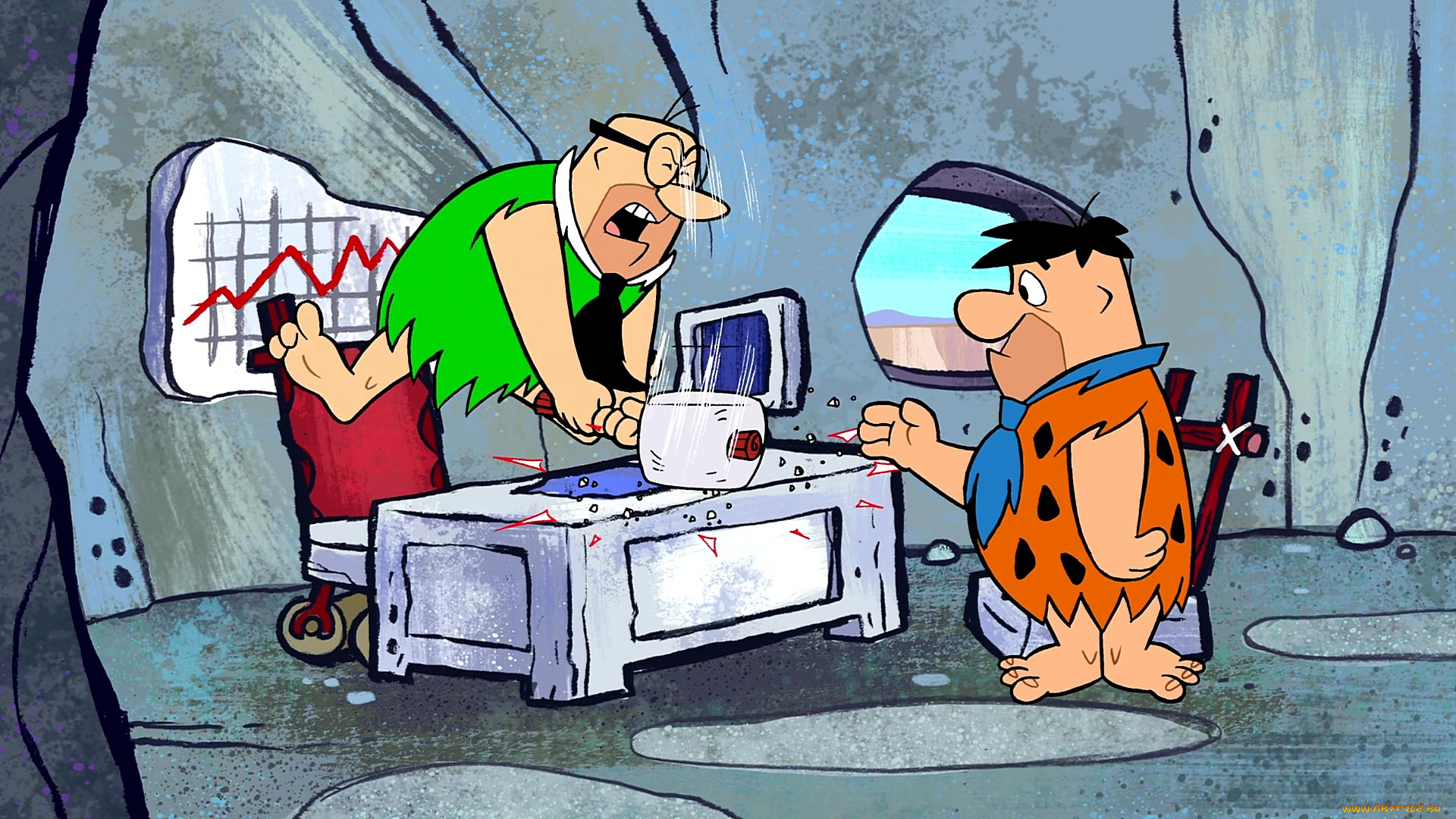 мультфильмы, the, flintstones, мужчина, эмоции, стол, монитор, двое