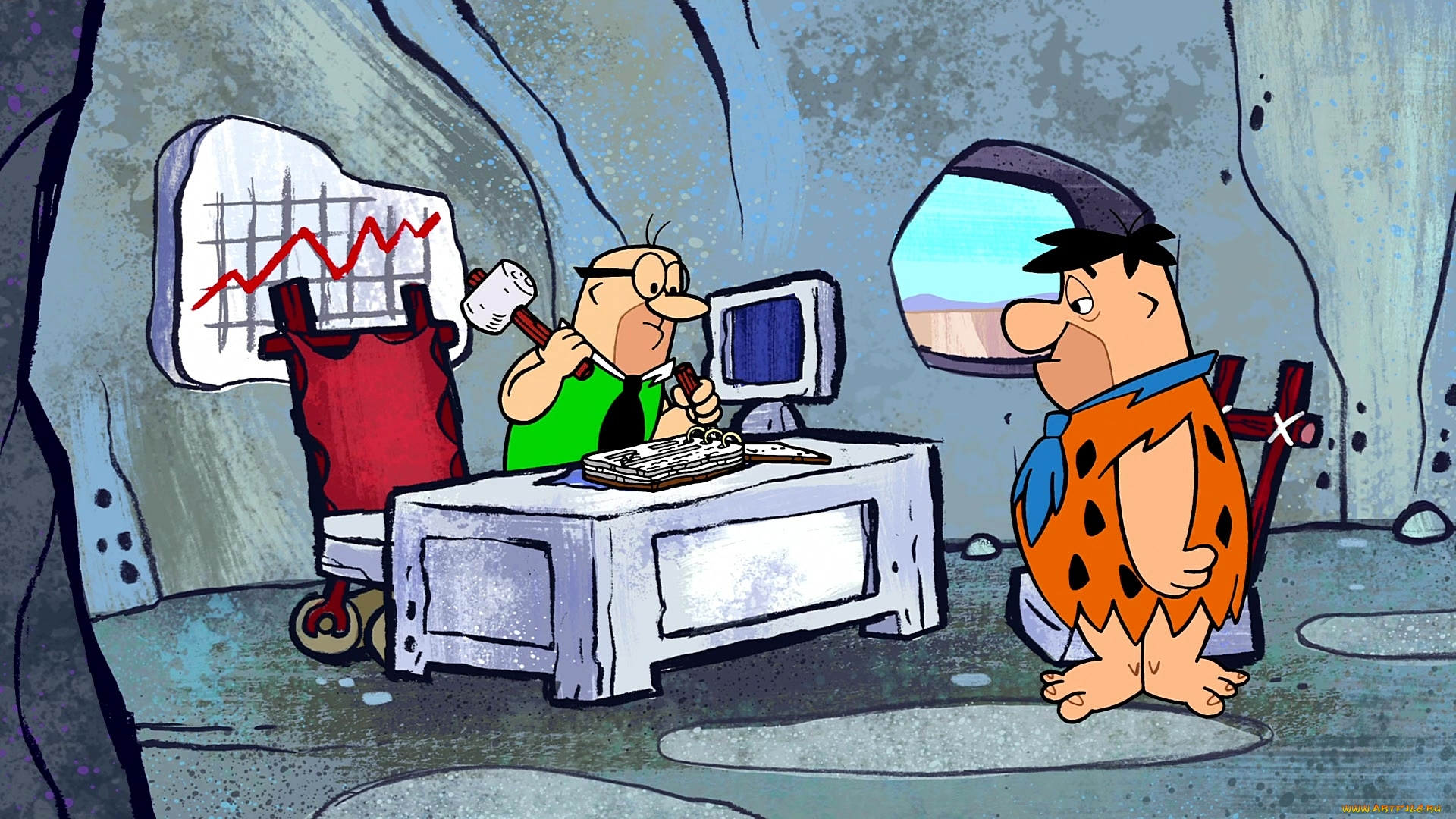 мультфильмы, the, flintstones, мужчина, стол, монитор, двое