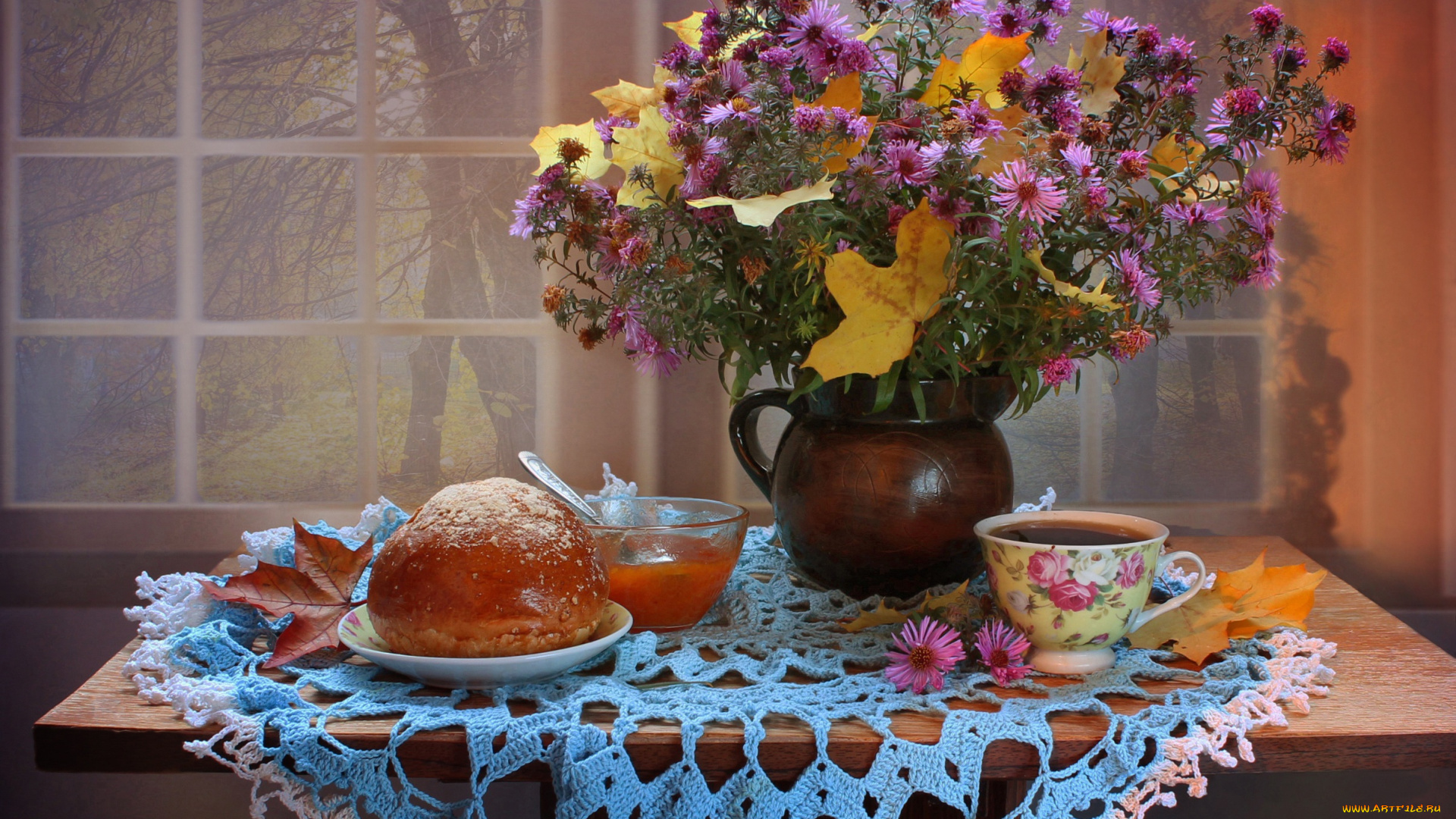 еда, натюрморт, осень, листья, ноябрь, абрикосовое, варенье, хризантемы, чай, цветы