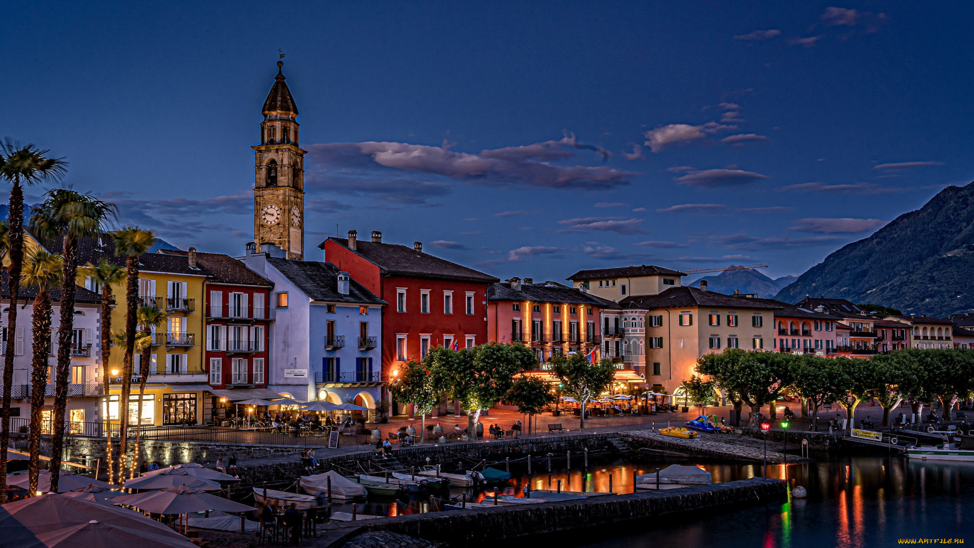 ascona, ticino, switzerland, города, -, огни, ночного, города