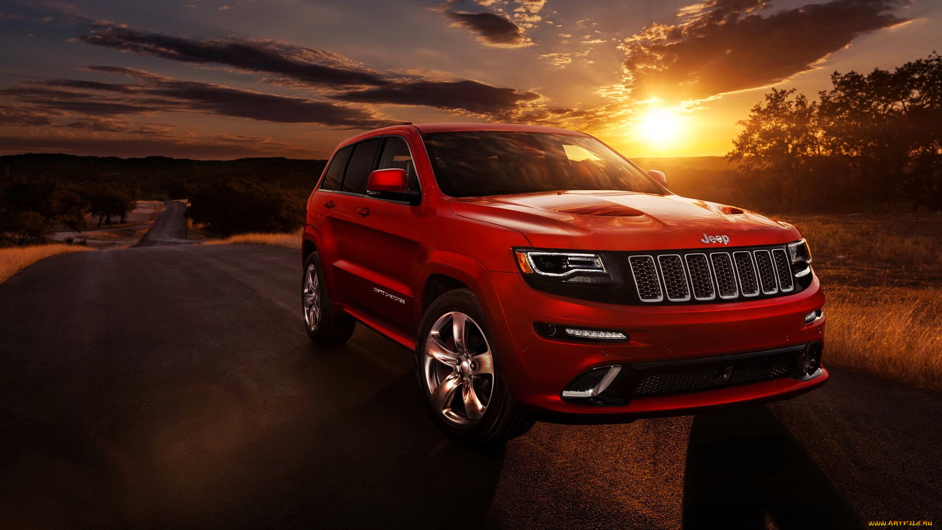 jeep, grand, cherokee, автомобили, jeep, красный, дорога, закат