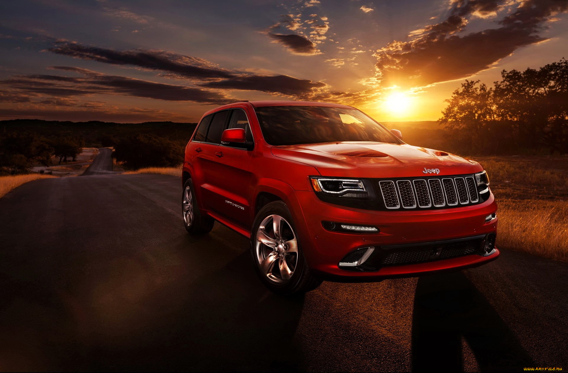 jeep, grand, cherokee, автомобили, jeep, красный, дорога, закат