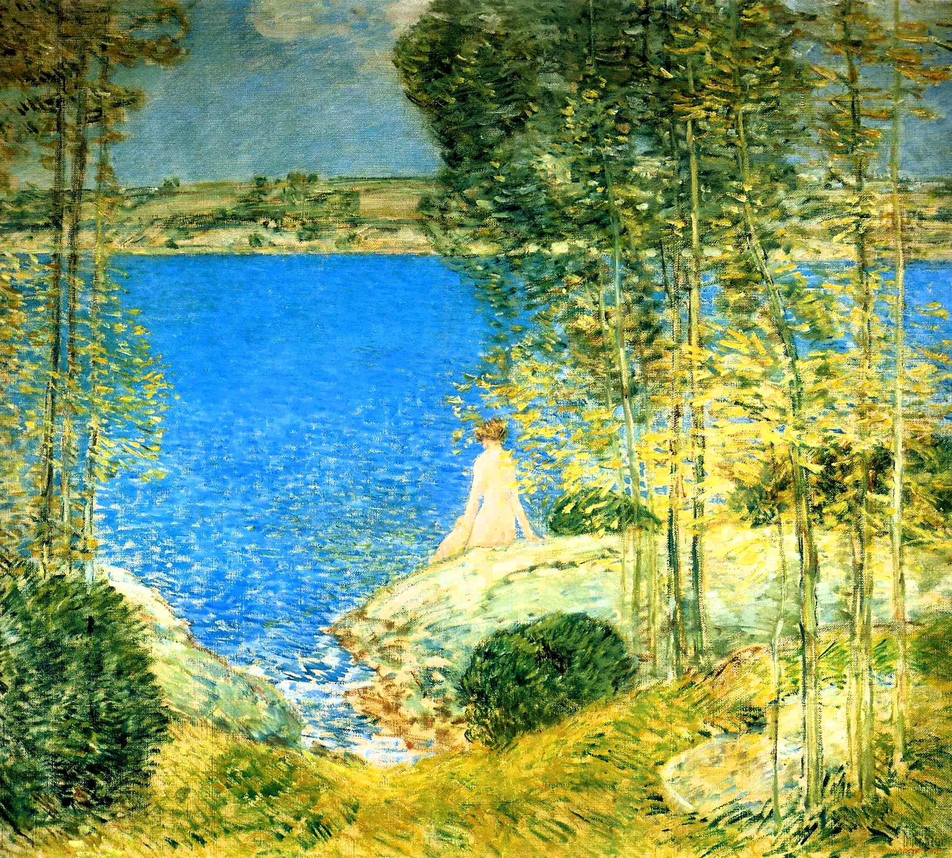 рисованное, frederick, childe, hassam, деревья, озеро, женщина