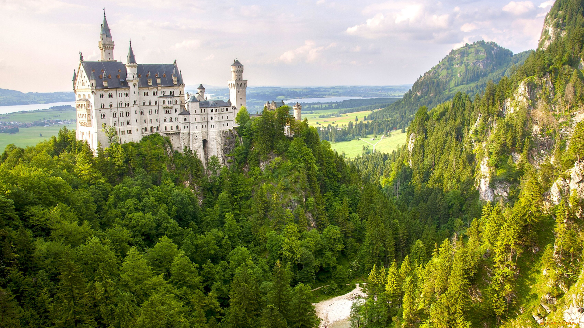 neuschwanstein, castle, bavaria, germany, города, замок, нойшванштайн, германия, лес, горы, бавария, панорама