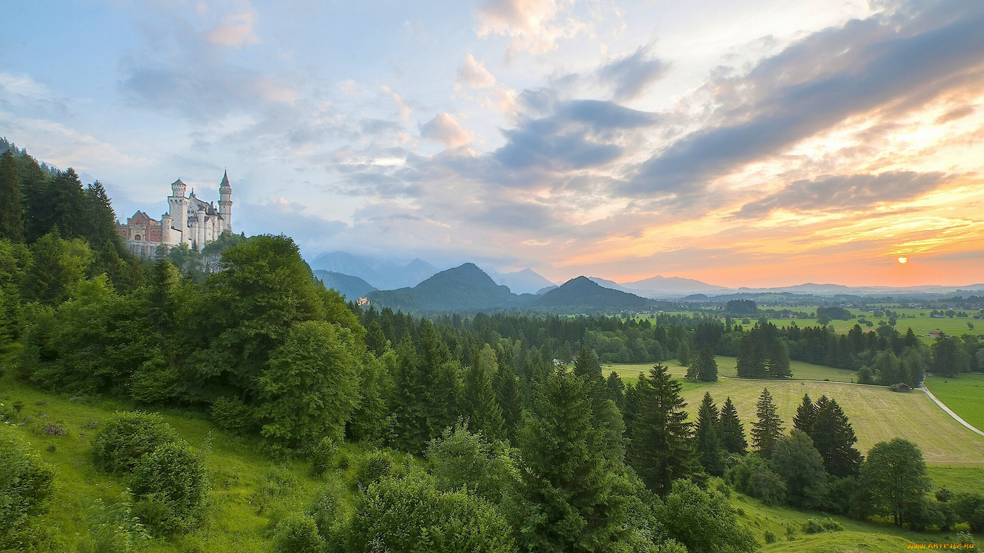 neuschwanstein, castle, bavaria, germany, города, замок, нойшванштайн, германия, бавария, поля, панорама, закат, лес, горы