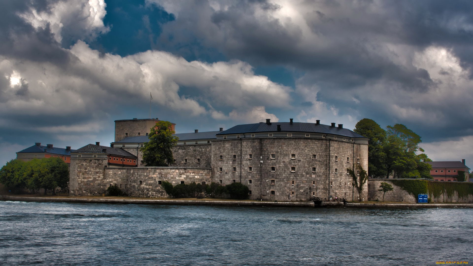 vaxholm, castle, швеция, города, дворцы, замки, крепости, облака, сумерки, река, замок