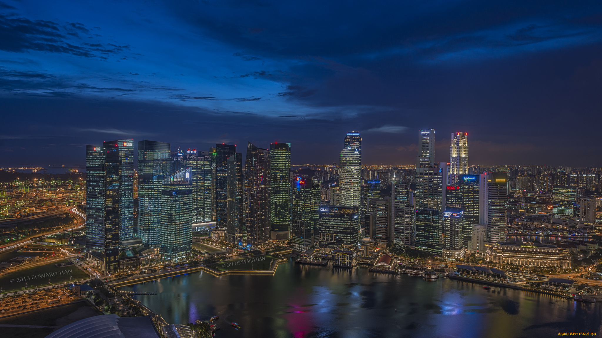 marina, bay, singapore, города, сингапур, панорама, бухта, ночной, город, небоскрёбы