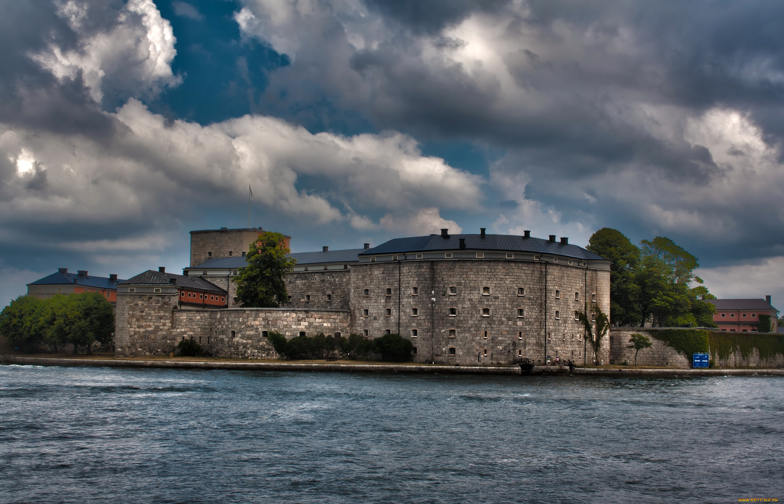 vaxholm, castle, швеция, города, дворцы, замки, крепости, облака, сумерки, река, замок