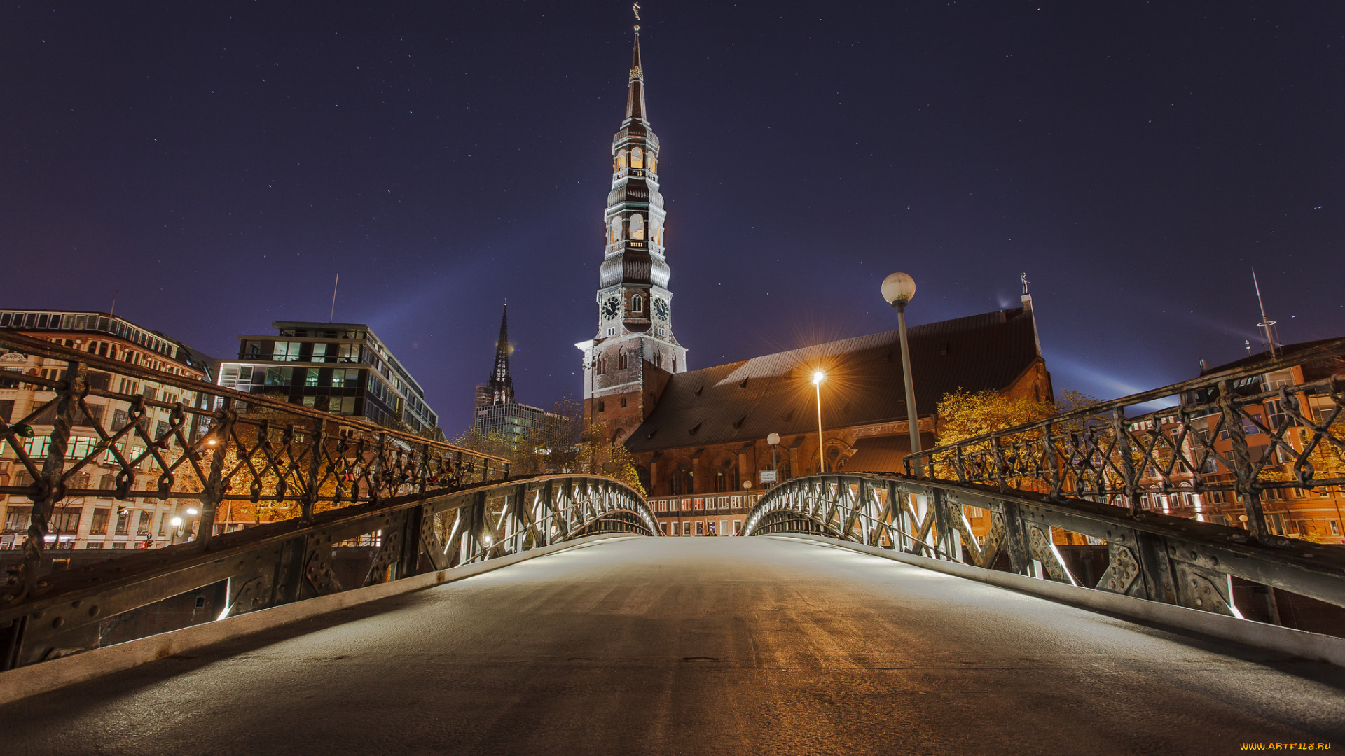 hamburg, late, night, города, гамбург, , германия, мост, башня, ночь