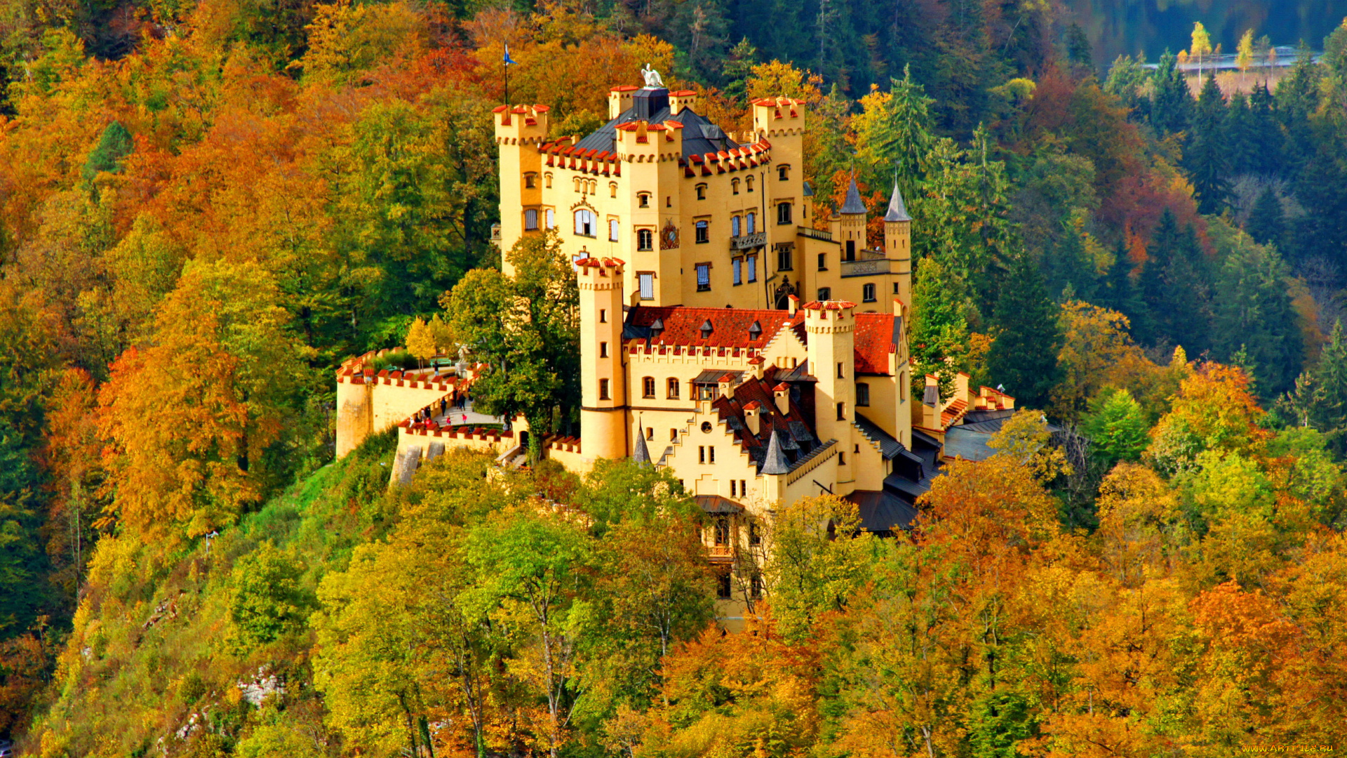 замок, нойшванштайн, города, замок, нойшванштайн, , германия, осень, нойшванштайн, замок, деревья, панорама