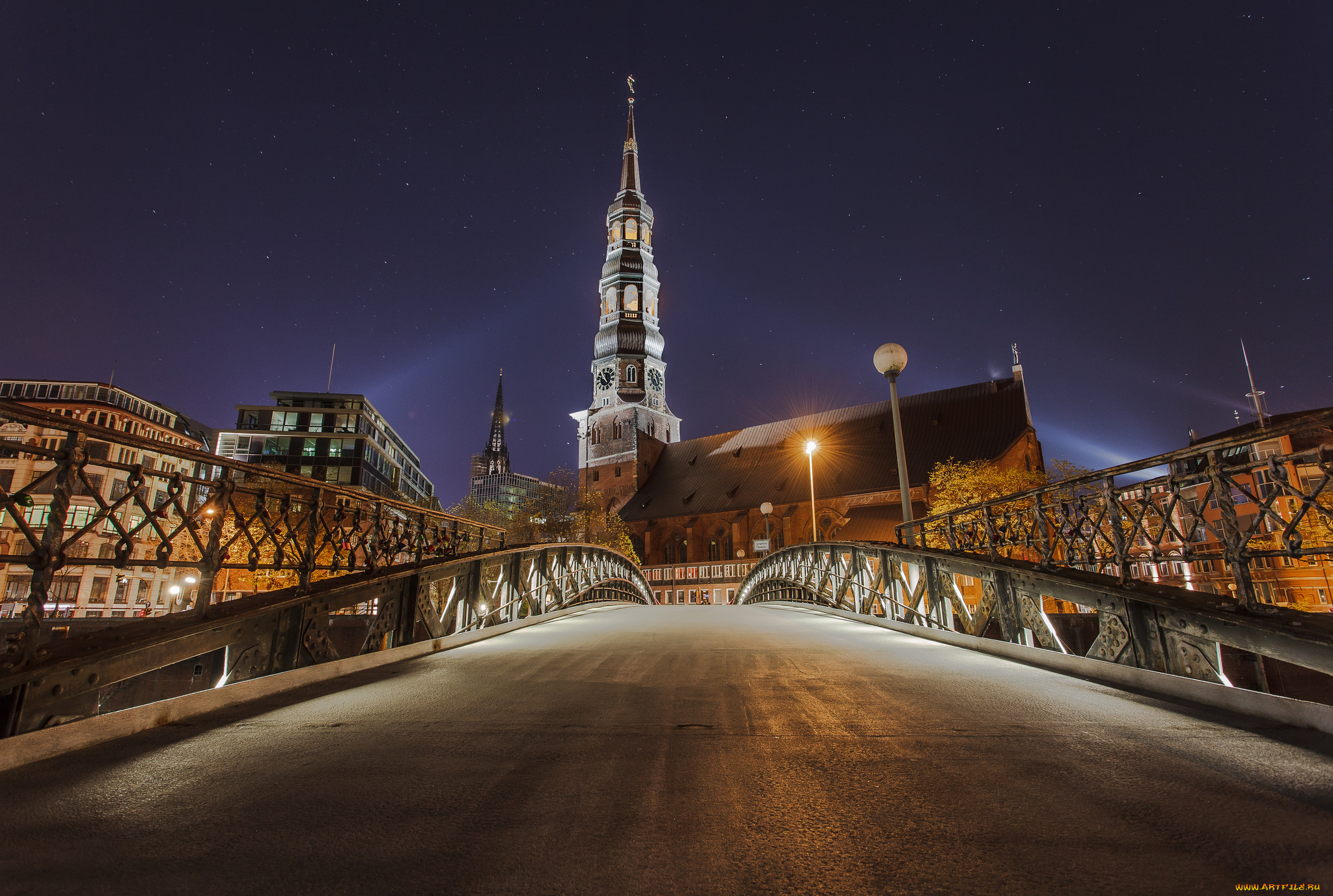 hamburg, late, night, города, гамбург, , германия, мост, башня, ночь