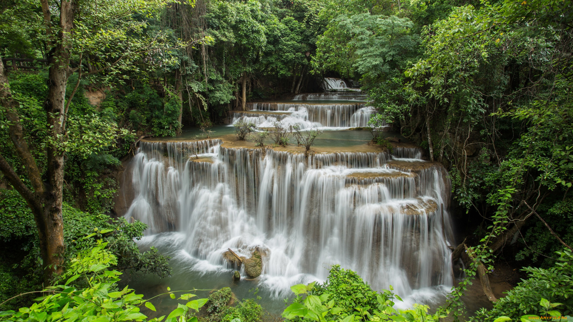 природа, водопады, деревья, river, kwai, кусты, зелень, пороги, каскад, erawan, waterfall, таиланд, лес, водопад, камни