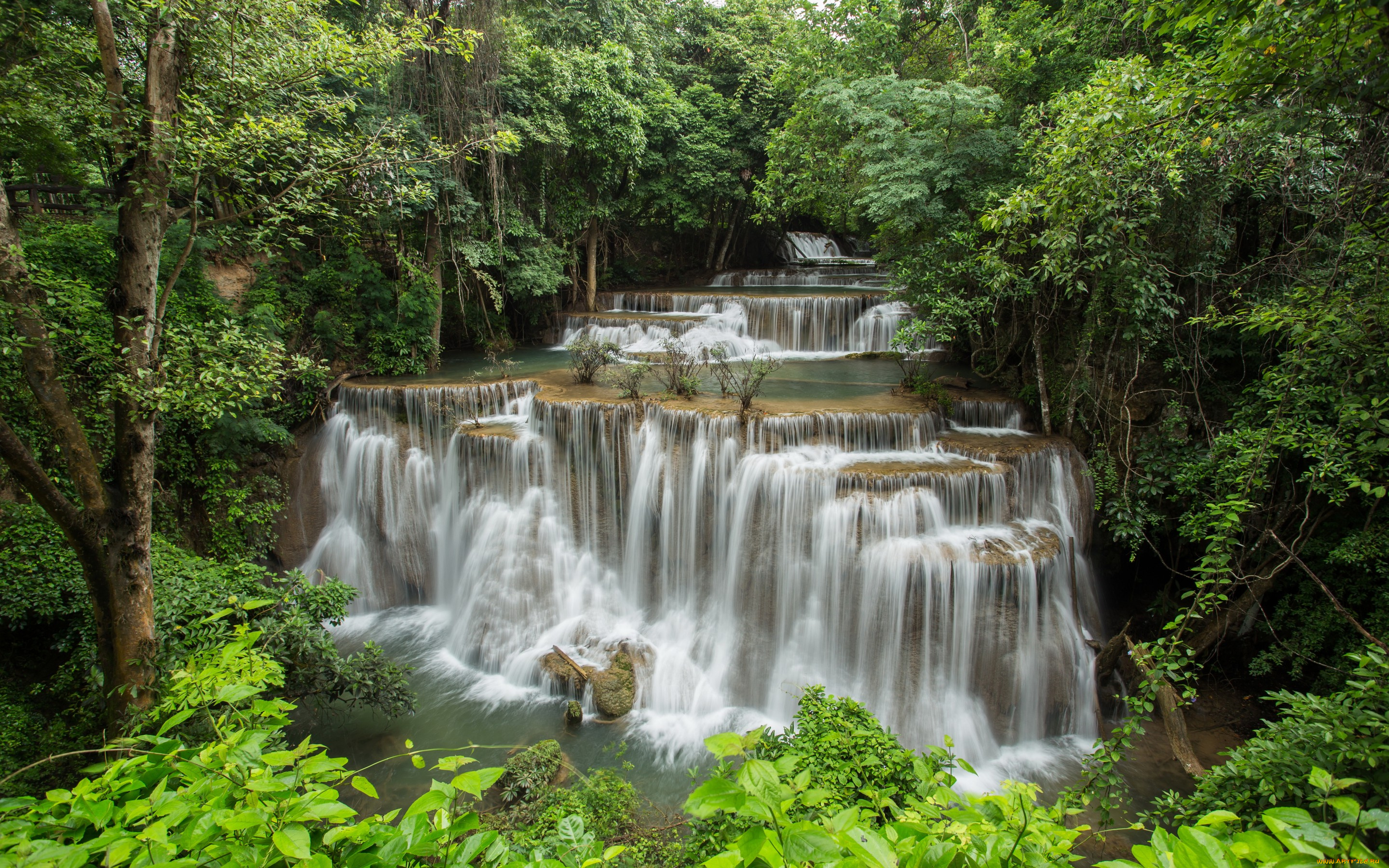 природа, водопады, деревья, river, kwai, кусты, зелень, пороги, каскад, erawan, waterfall, таиланд, лес, водопад, камни